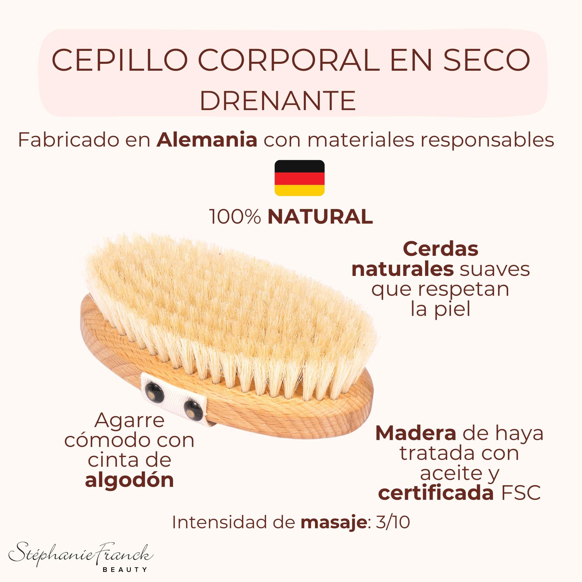 Cepillo seco de drenaje linfático – Dry Brushing antielilitis, exfoliación natural, energía – Cerdas de Jabali suaves & Madera de Haya – Made in Germany