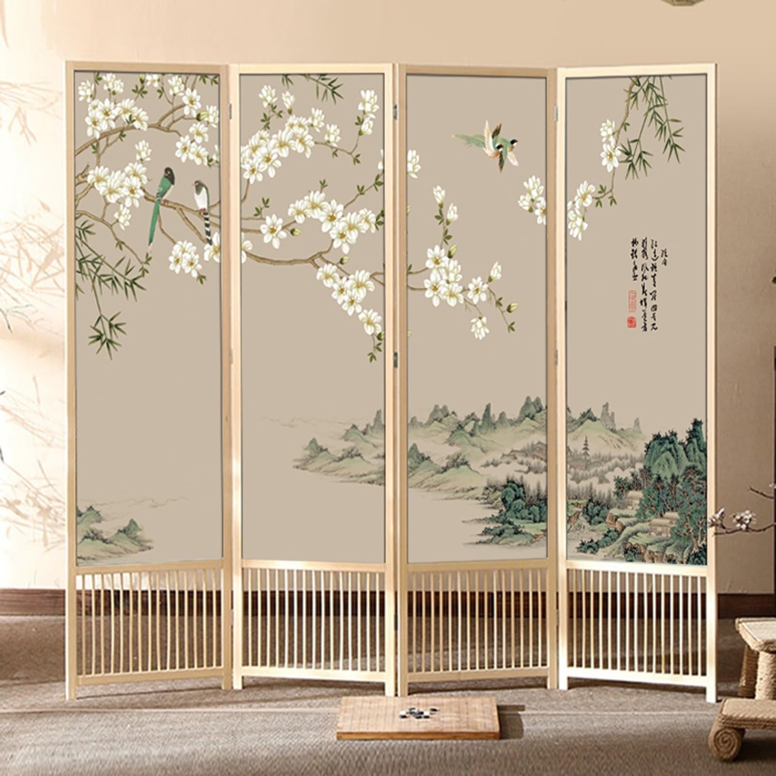 4 Panel Decorative Screen Indoor, Room Divider Folding Privacy Partition Wood Frame Separator with Chinese Calligraphy Print Design, Freestanding Temporary Wall(A 4panels)