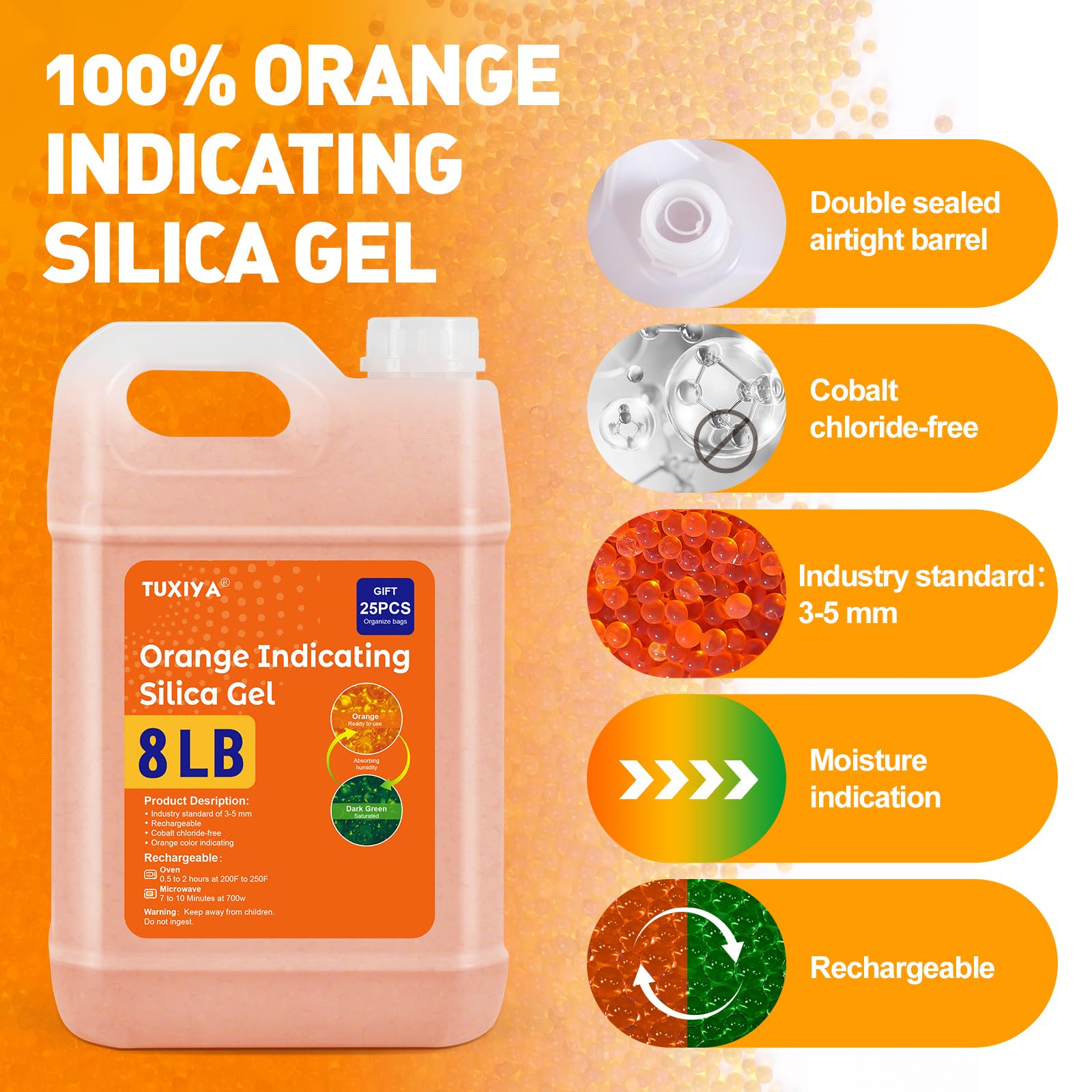 TUXIYA Cuentas desecantes de gel de sílice indicadoras naranjas de 8 libras (estándar de la industria de 3 a 5 mm), cuentas de gel de sílice recargables para filamento 3D, dispositivos electrónicos
