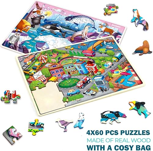 Miniatura 10 de QUOKKA Rompecabezas de madera para niños de 4 a 6 años, rompecabezas de 4 x 60 piezas para niños de 4 a 8 años - Juegos de madera para niños de 3 a