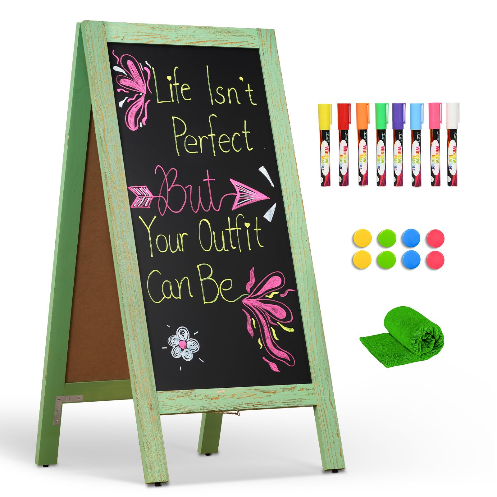 4 THOUGHT A-Frame Chalkboard 40" x 20", Double Sided Chalk Board Sign Board Freestanding Magnetic Sandwich Board Pine Wooden Chalkboard Easel for Cafe