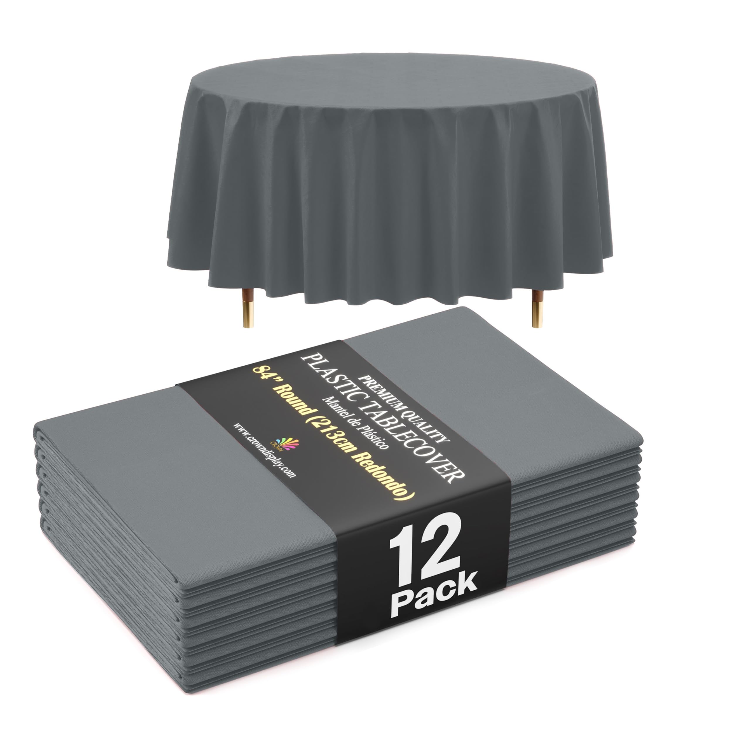 Exquisite 66% Thicker Premium Silver Round Tablecloth 0.5 Mil 12 Pack Plastic Table Cloth reusable 84 Inch Round Plastic Tablecloth Won't Tear Easily Like Cheap Thin Brands
