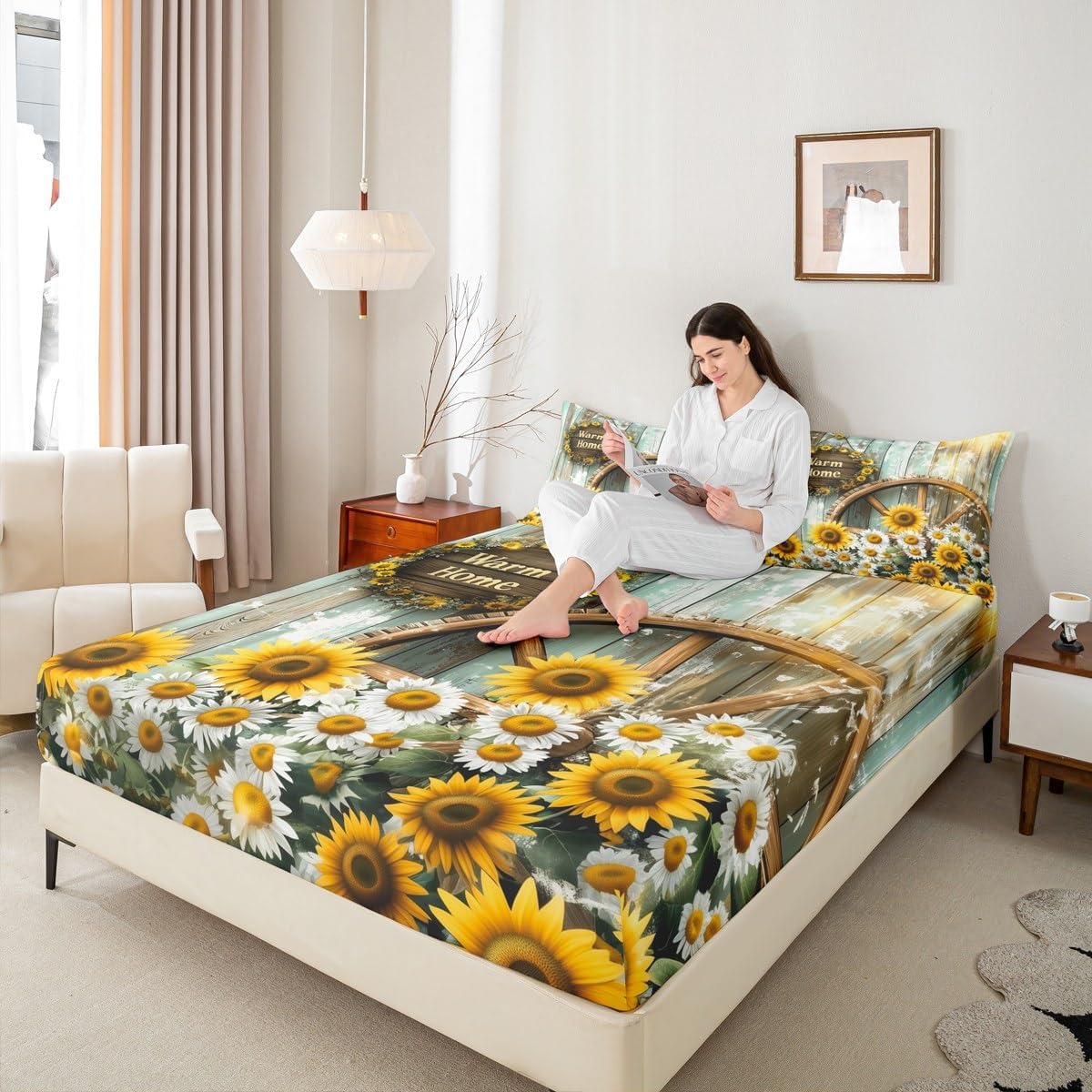 Country Barn Door Fitted Sheet Farmhouse Western Bed Sheets, Vintage Countryside Wooden Board Daisy Sunflower Sheets Queen Size Bed Set