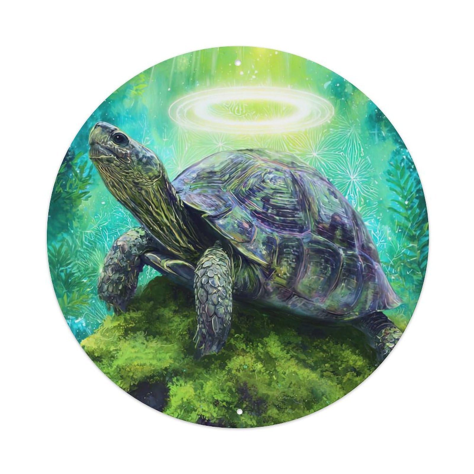 Animal Fantasy Turtle with Halo in Mystical Forest Glowing Light Vintage Metal Tin Sign Plaque Wall Decor for Cafe, Club Bar, Office, Garden Metal Poster 8x8Inch