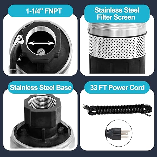 Miniatura 6 de WASSERMANN Bomba sumergible de pozo profundo con cable de 33 pies, 0.8 hp, 115 V, 60 Hz, 25.5 GPM, cabeza de 164 pies, bomba de agua eléctrica de