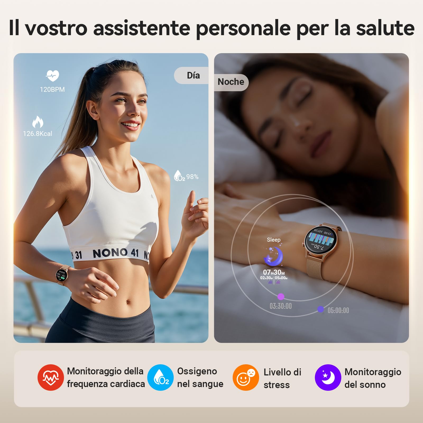 Smartwatch Donna Uomo, 1.32" AMOLED Orologio Fitness Tracker con Effettua/Risposta Chiamate Bluetooth, Contapassi/Cardiofrequenzimetro/Sonno, Impermeabile IP68 per Android iOS Quadrante Rotondo