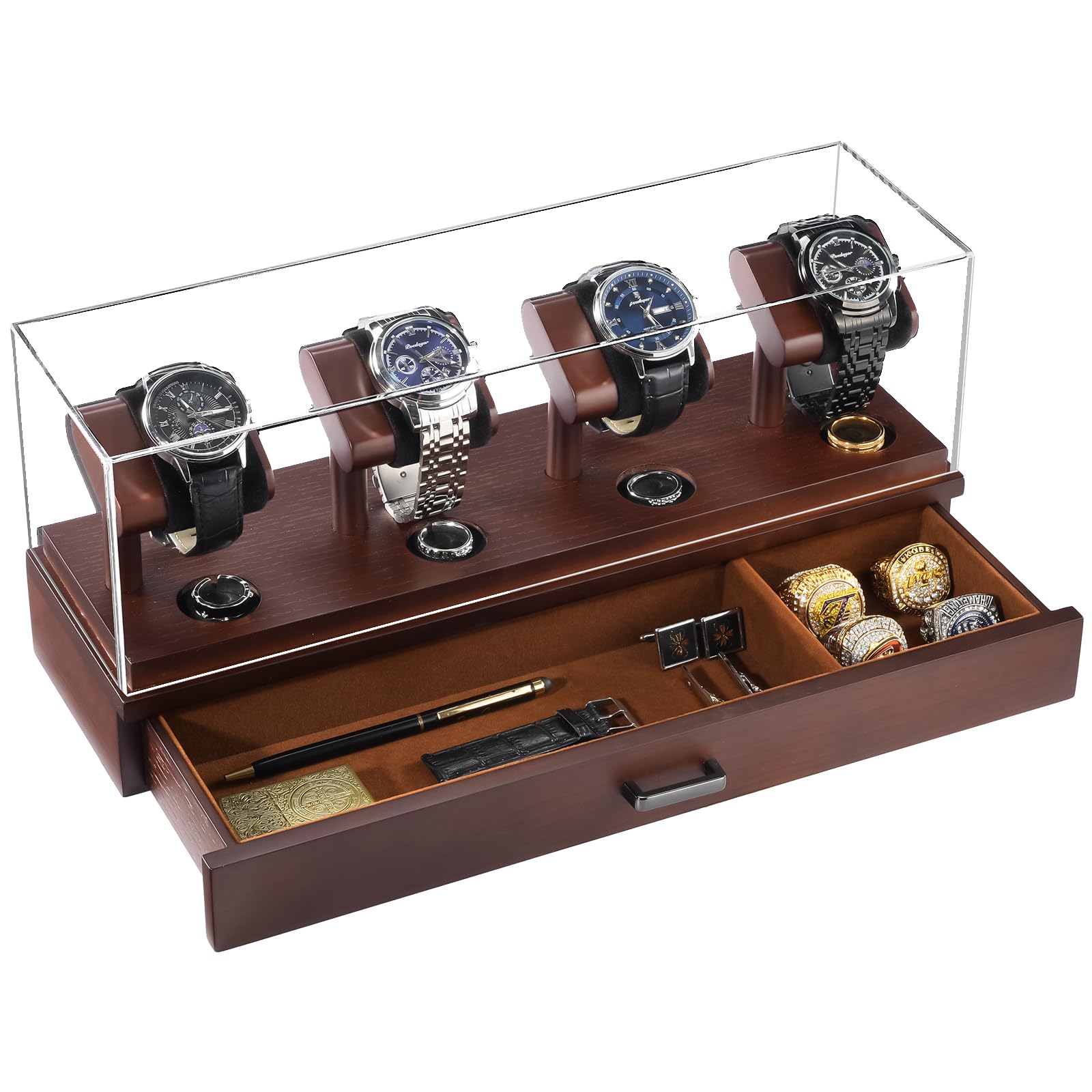 ProCase Wooden Watch Display Case, 4 Slot Watch Display Stand with Removable Acrylic Cover, Watch Case with Drawer, 2-Layer Mens Watch Box, Ring and