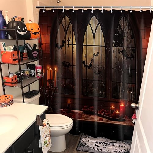 Miniatura 8 de Cortina de ducha de Halloween, diseño de mansión embrujada gótica espeluznante, juego de cortinas de baño de castillo de murciélago gótico