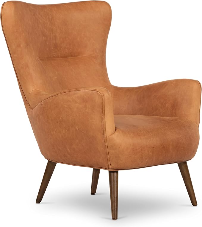 POLY & BARK Aida Leather Lounge Chair – 40.5” Mid-Century Accent Chair for Living Room or Bedroom – Full-Grain Italian Leather, Solid Wood Legs, Feather-Down Comfort – Cognac Tan