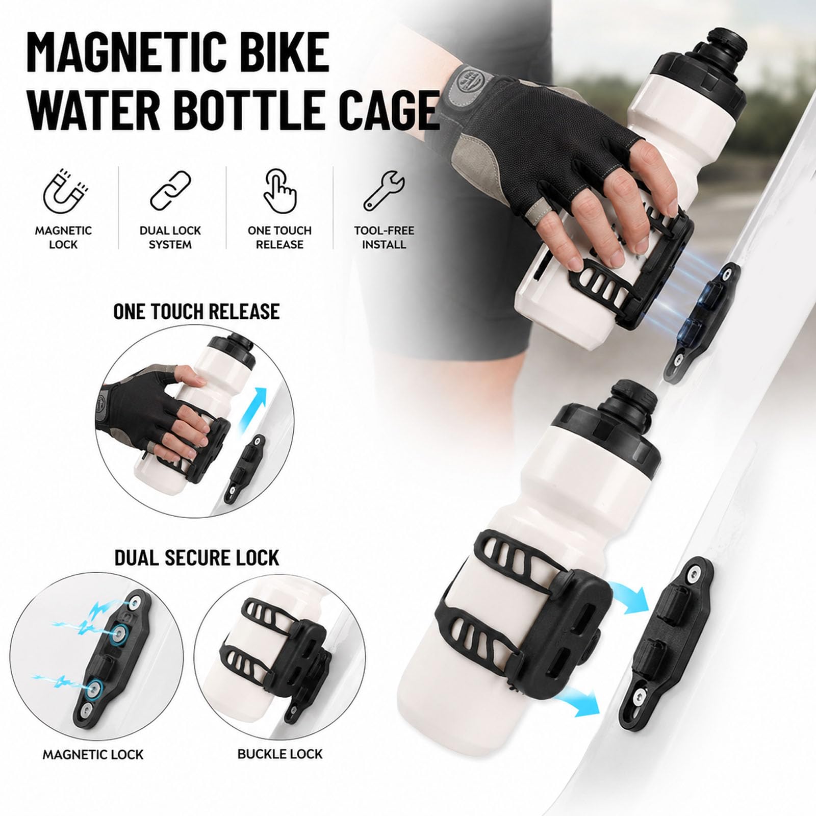 Portabotellas magnético para Bicicleta con botón de liberación rápida, Soporte para Bebidas Equipado para Scooter de montaña y Carretera (1XL)