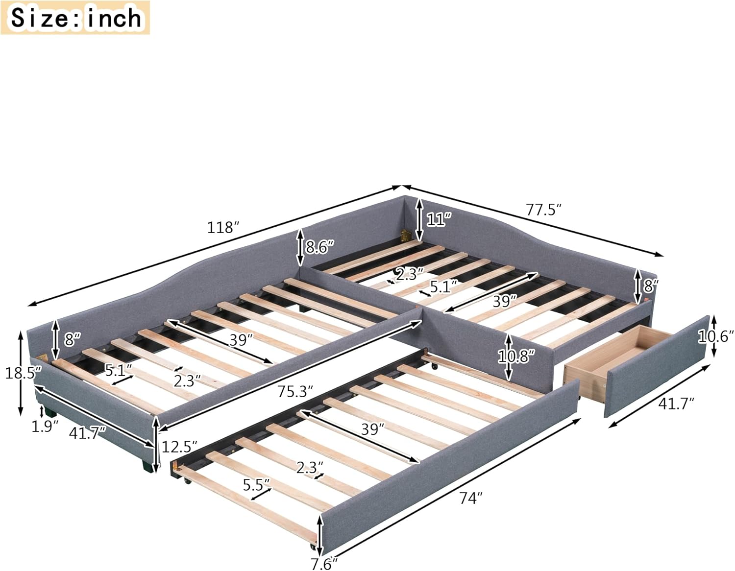 (1/3 box) L-Shaped Double Upholstered Twin Size Daybed with Trundle and Storage Drawer, Linen Upholstery Platform Bedframe 3 in 1 Wood Beds Frame for Boys and Girls,No Box Spring Required, Gray Gray With Drawer 3 in 1 Upholstered Twin Size Daybed Set