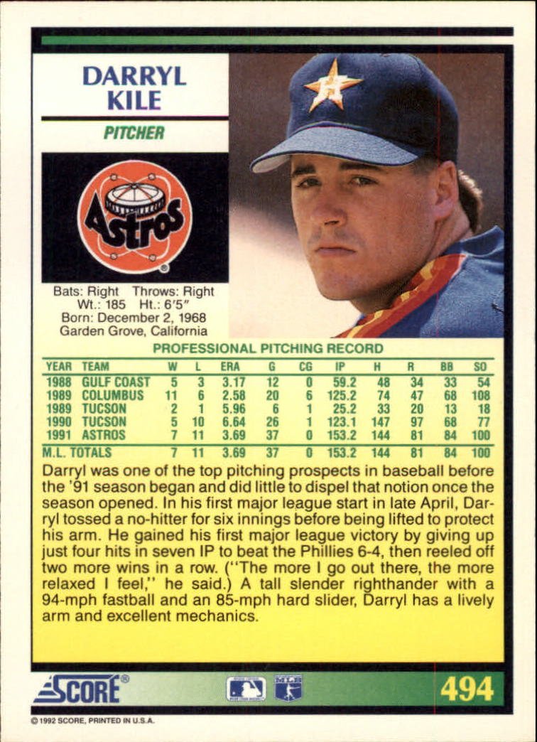 Amazon.com: 1992 Score Baseball Card #494 Darryl Kile
