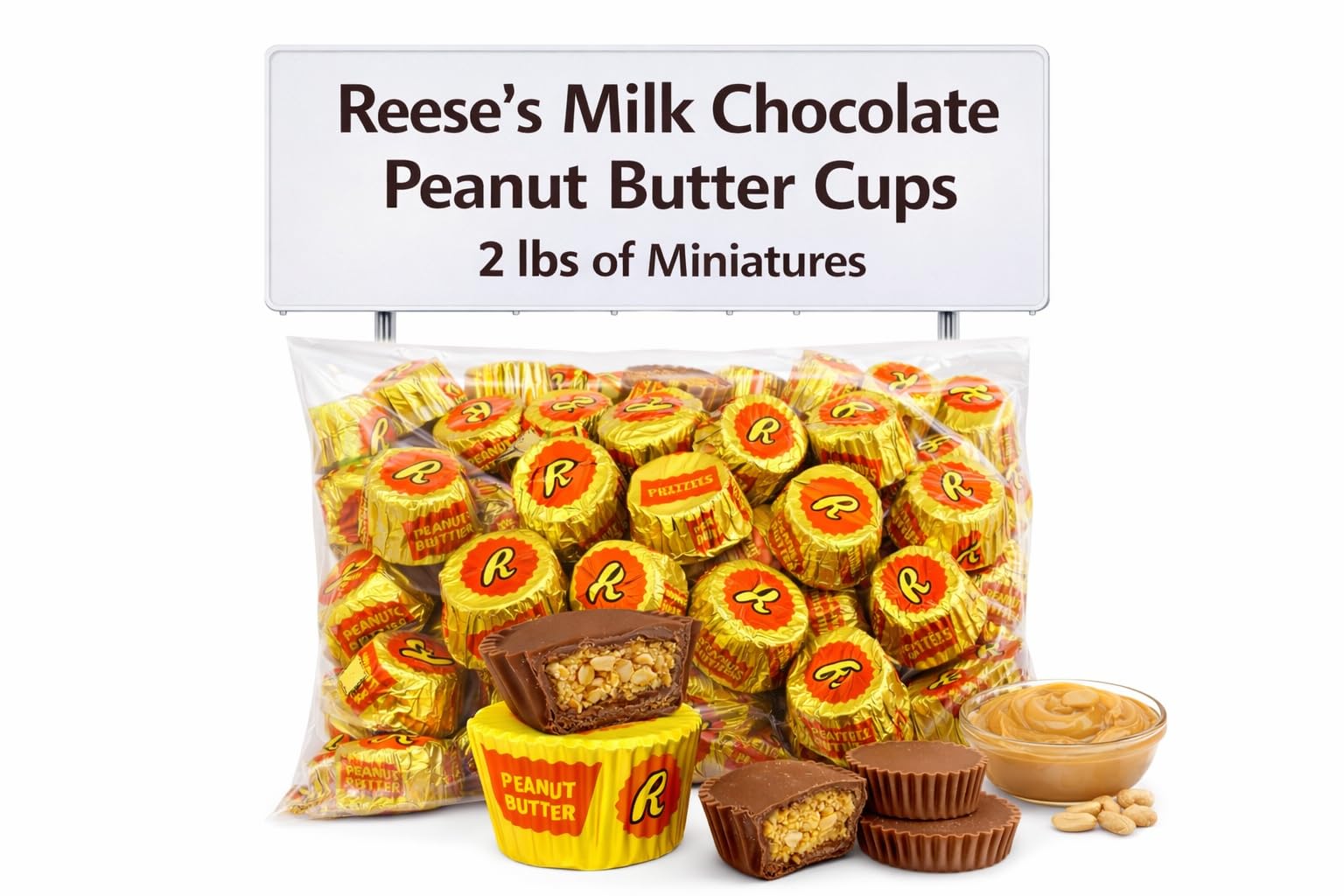 ReeseMilk Chocolate Peanut Butter Cups 2 lbs of Miniatures Peanut Butter Cup in Milk Cocolate with Pretzels, Miniature Cups Chocolate Candy -