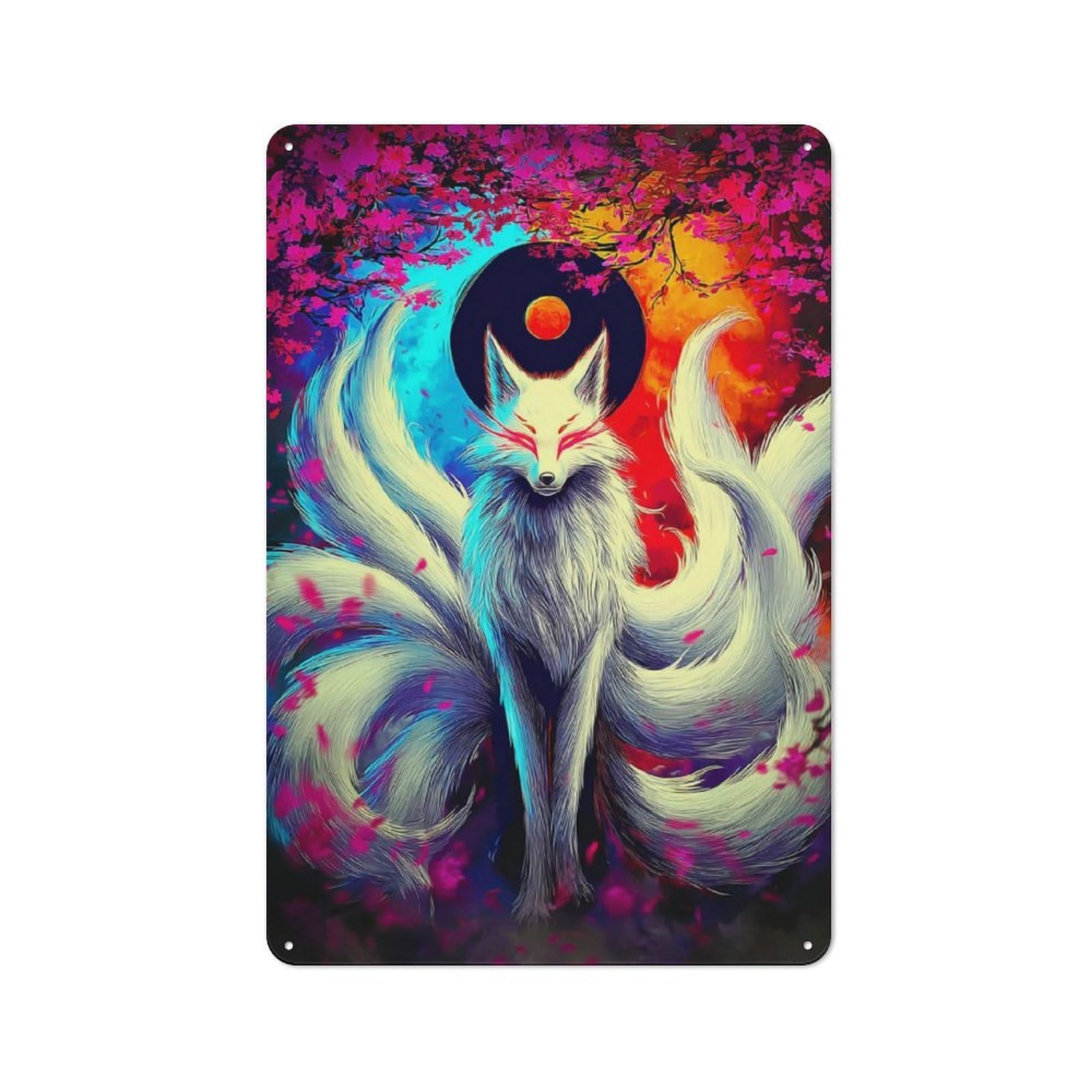 Junmoney Yin-Yang Fox In Blossom Rustic Tin Sign 30X20cm, Vintage Porch Wall Decor For Conservatory, Home Bar Or Utility Room