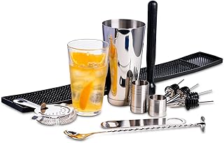Large Boston Cocktail Shaker Set by bar@drinkstuff | Contains Professional Boston Cocktail Shaker Tin & Glass, Mixing Spoon, Muddler, Cocktail Strainer, Bar Blade, Rubber Bar Mat, 25ml & 50ml Measures & 4 x Pourers | Beginners Cocktail Kit