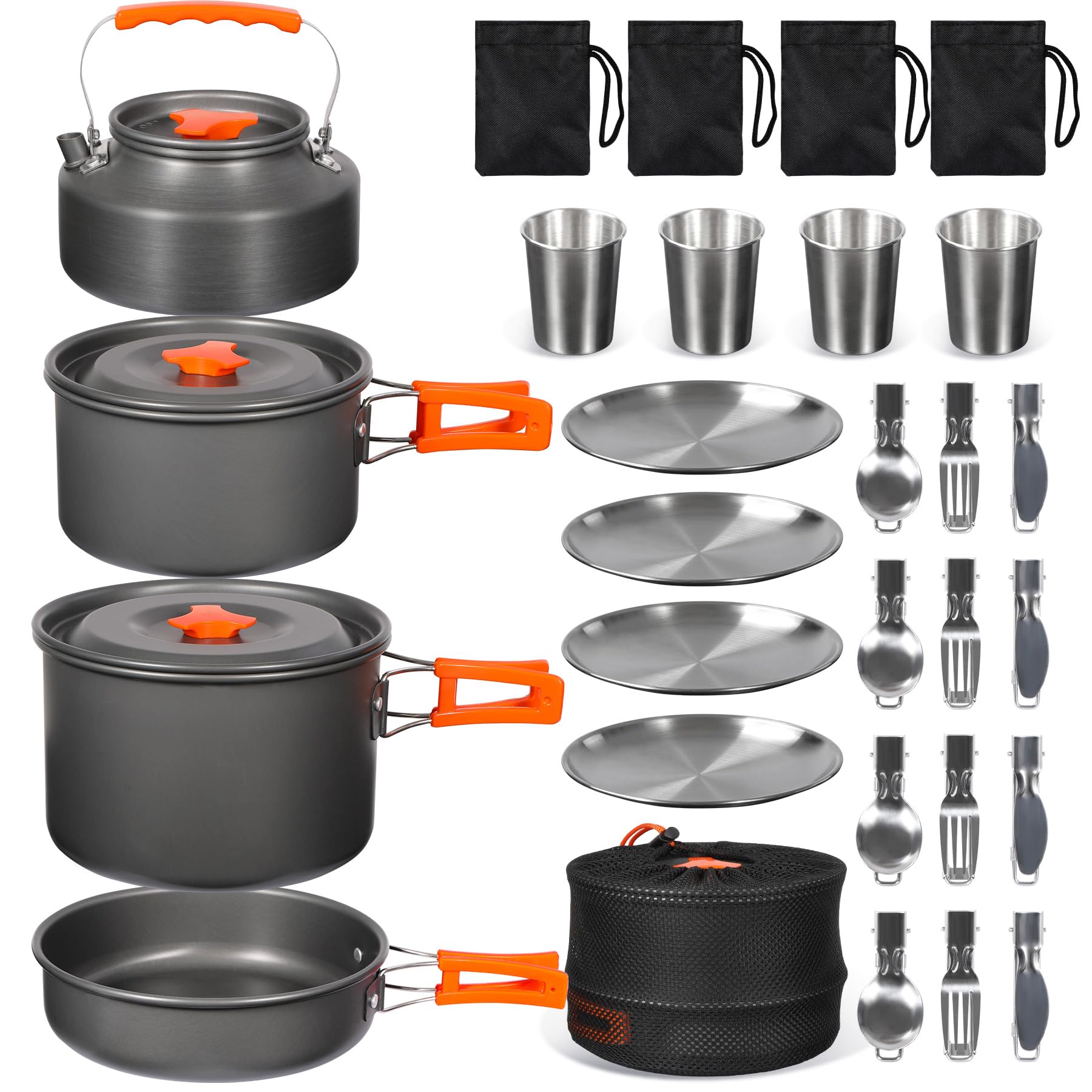 REDCAMP 6/10/11/12/14/15/19 PCS Camping Cookware Mess Kit Camping Gear Campfire Utensils Lightweight Stackable Pot Pan Bowls Soup Spoon with Storage