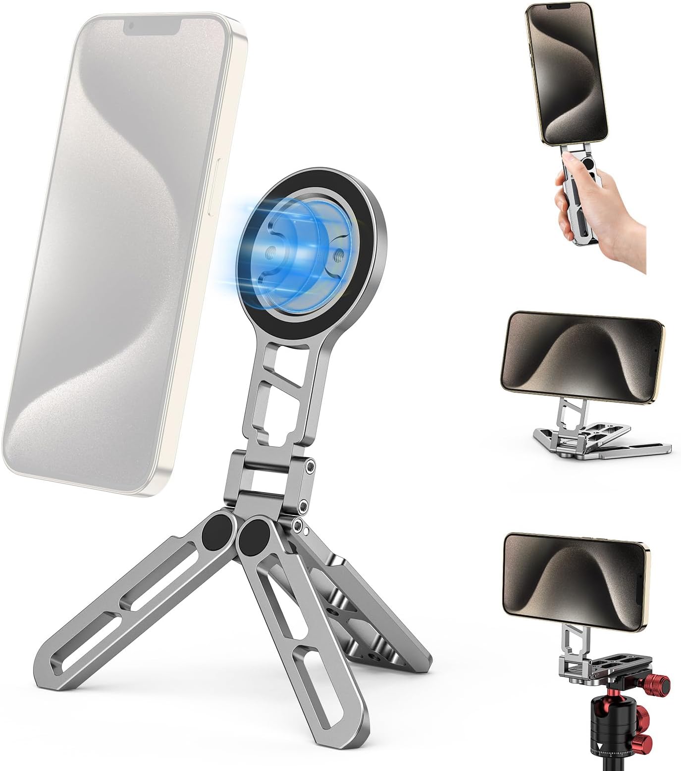 Magnetic Pocket Phone Tripod,Foldable Tripod Mount,Smartphone Holder Desk Stand,Handle Stick with Arca-Swiss,Cold Shoe Mount for iPhone 17/16/15/14/13/12,Video,Vlog,Travel
