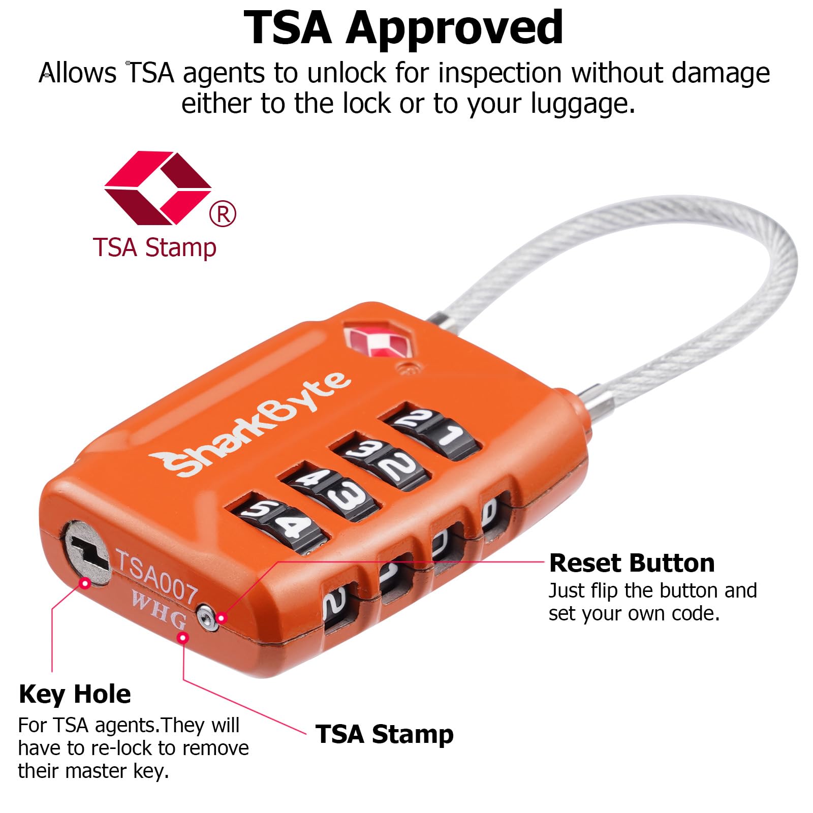 SharkByte Lucchetto TSA A Combinazione 4 Cifre Con Cavo Flessibile - Per Valigie, Zaini E Armadietti - Approvato Travel Sentry - 5