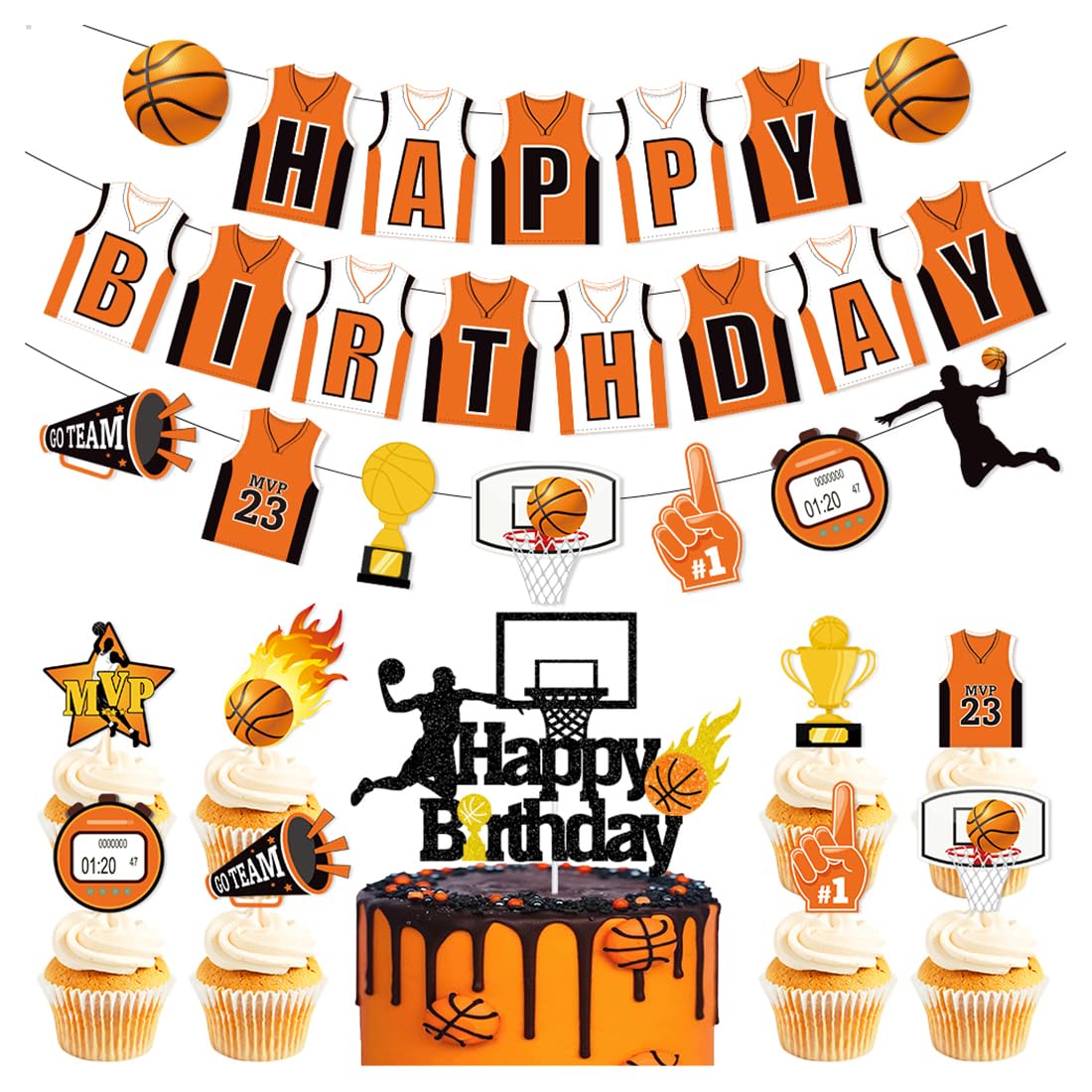 Daimay Basketball Birthday Party Decoration Banner Sports Party Decor Favor Supplies Basketball Cupcake Toppers for Boys Girls Kids Teenagers Men - Orange