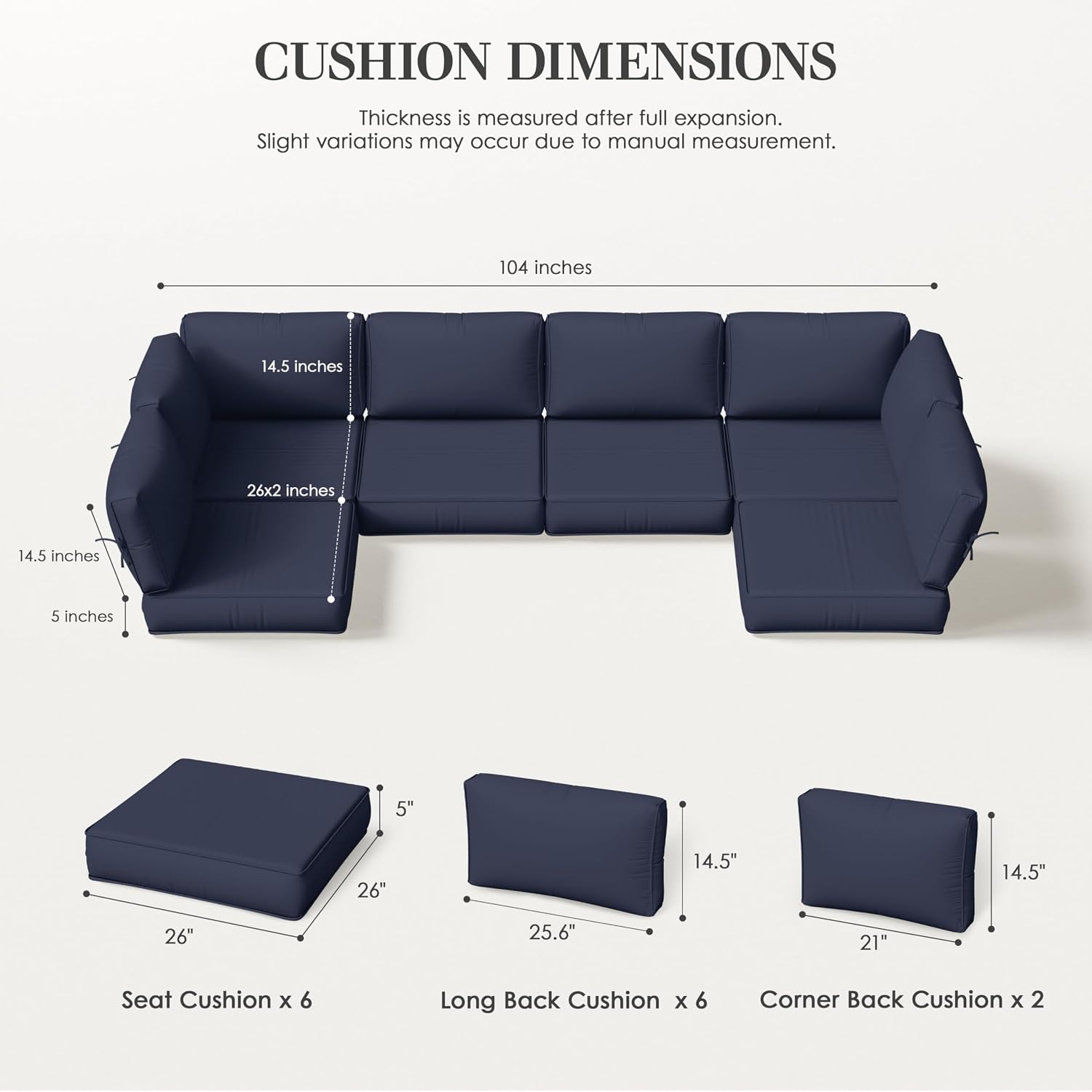 Outdoor Replacement Cushions for Patio Furniture, 5" Foam High-Density, 14-Piece Water-Resistant Outdoor Cushion for 6-Seat Sectional Patio Conversation Sets, Liner&Cover