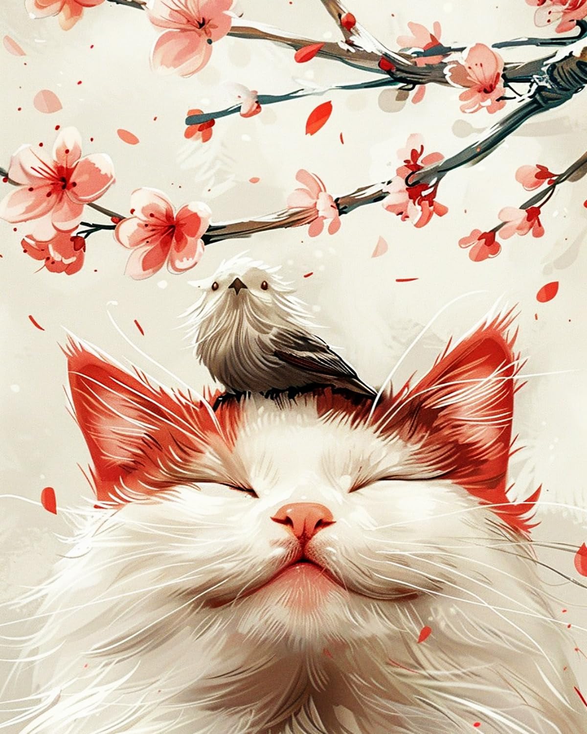 Liubaishi Multicolour Paint By Numbers For Adults, Spring Cherry Blossom Sleeping Cat With Bird, 40X50 Cm Acrylic Canvas Kit With 3 Brushes