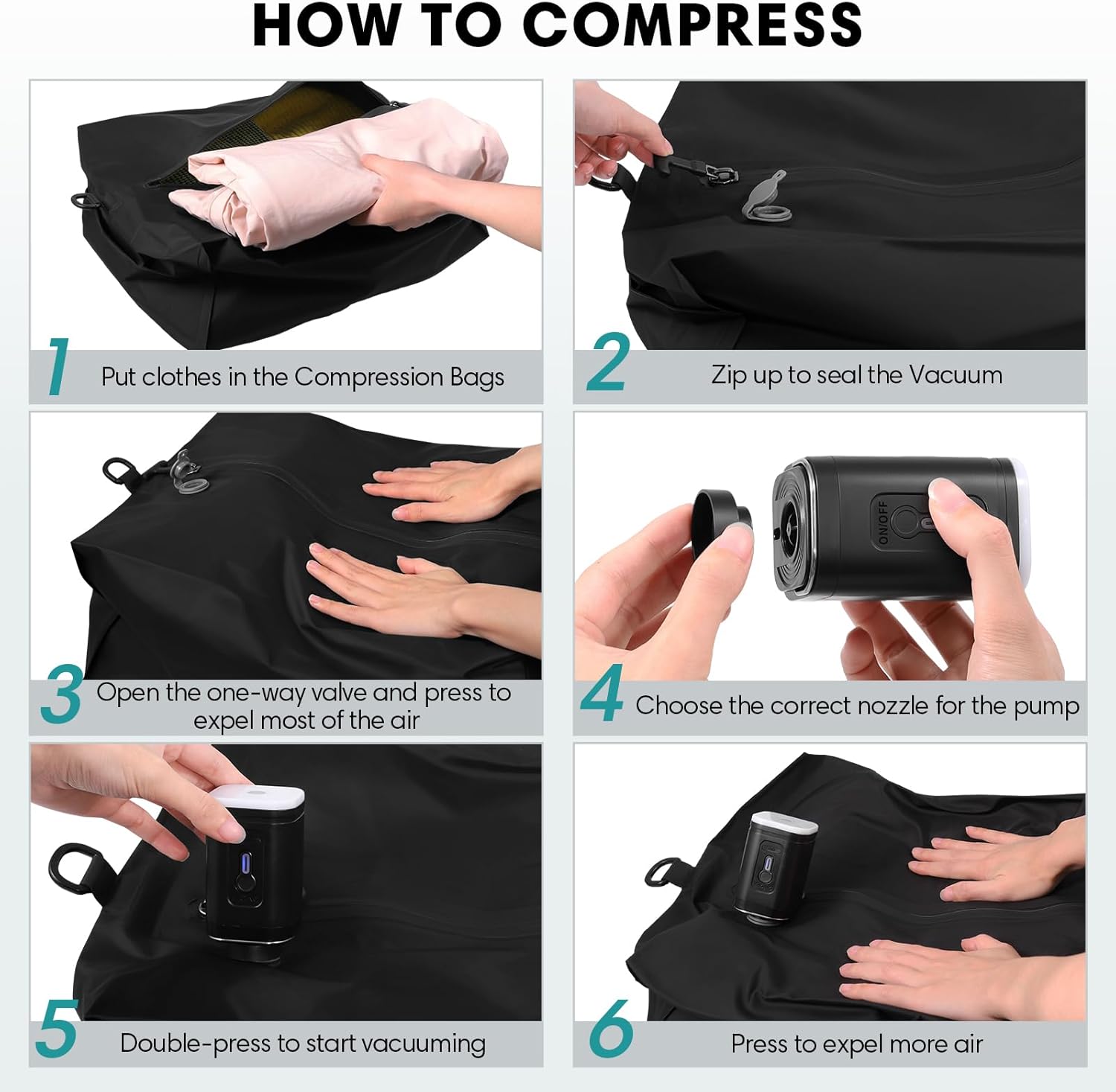 Travel Vacuum Bags with Wireless Pump, IP67 Waterproof Reusable Airless Compression Travel Bags, Nylon & Durable TPU, Clothing Space Saver Bags for Suitcase, Luggage, Backpack, Carry-On (2PCS + PUMP)