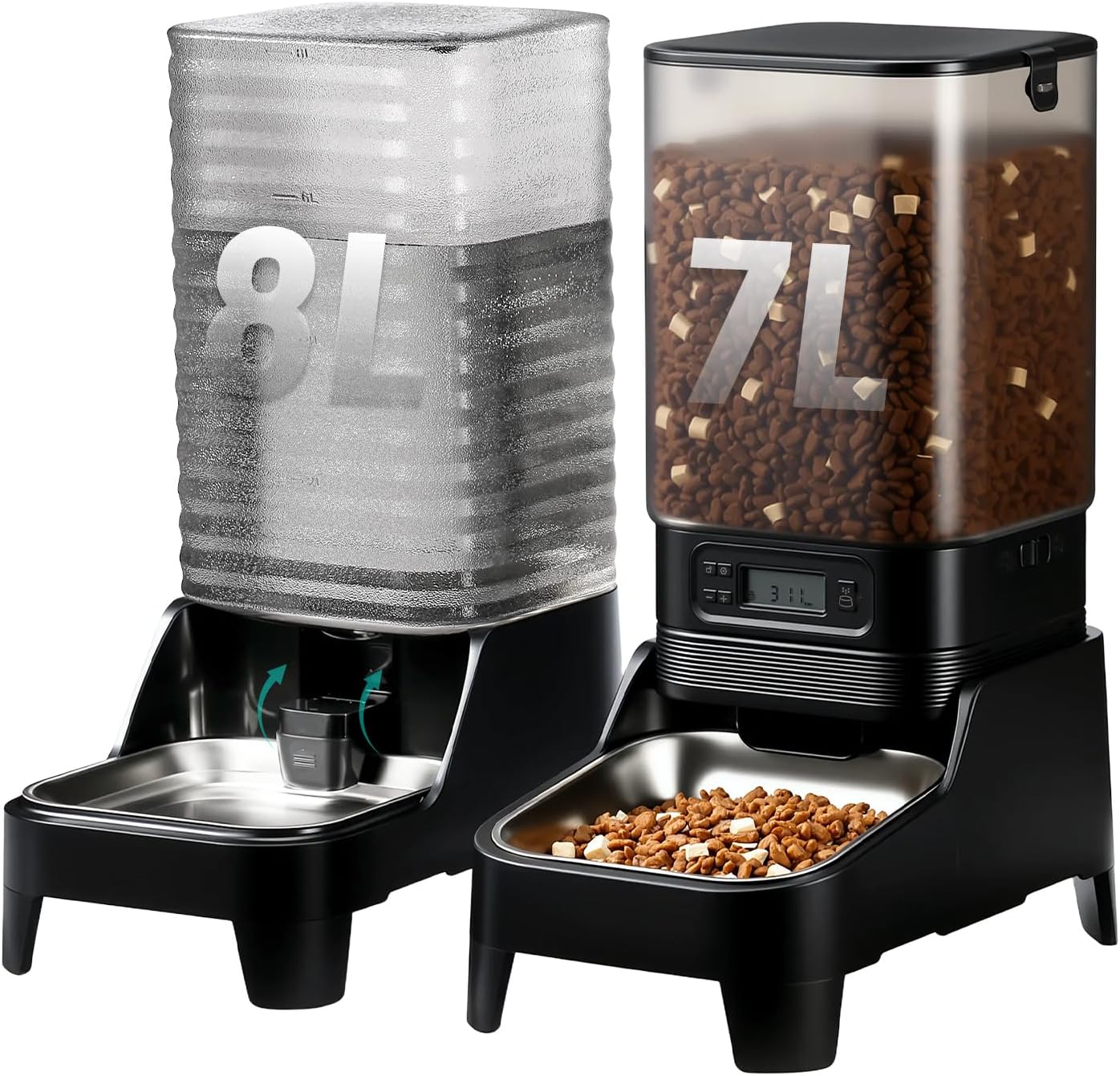 Marchul 7L Automatic Dog Feeder Large Breed and 8L Automatic Gravity Pet Water Dispenser with Patented Faucet, Stainless Steel Bowl, Adjustable Elevated Base, Battery Operated, Timed Cat Feeder