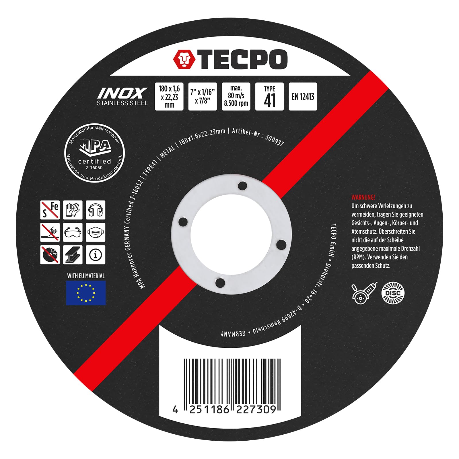 TECPO Lot de 50 disques à tronçonner - Diamètre : 180 mm - Pour meuleuse d'angle - Disques flexibles pour acier, métal et acier inoxydable (INOX) - 1,6 mm - 22,23 mm