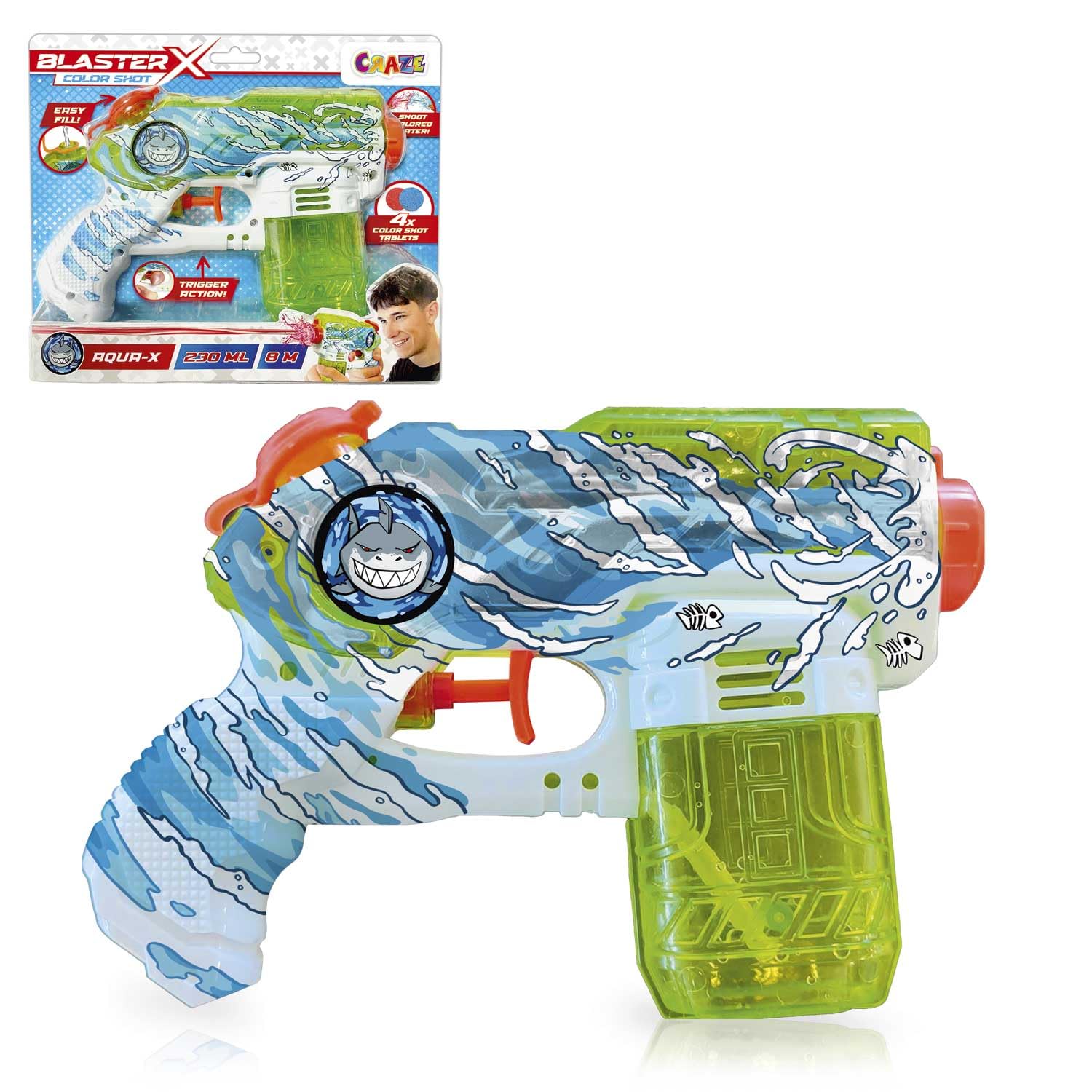 CRAZE Blaster-X Water Guns Small - pistolet na wodę dla dzieci 20 cm, pistolet natryskowy na wodę z kolorowymi tabletkami, zasięg strzału 10 m, zabawka do walki wodnej