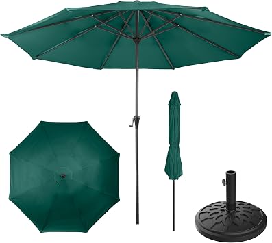 Pure Garden 9FT Round Patio Umbrella with 19lb Weighted Base - Easy Crank, Vented Canopy Outdoor Umbrella for Shade - For Deck, Balcony, Porch, Backyard, or Pool Dark Green