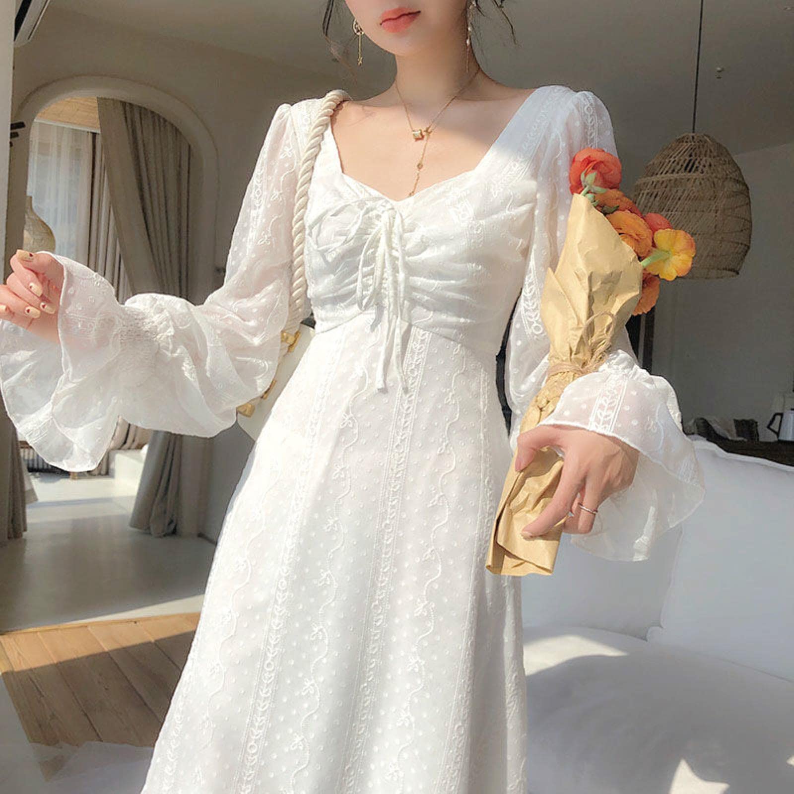 Vintage Fairy Dress Women Elegant Designer Chiffon Dress Long Sleeve French  Party Midlength Clothing Casual Women's Autumn-White,S : Amazon.nl: Fashion