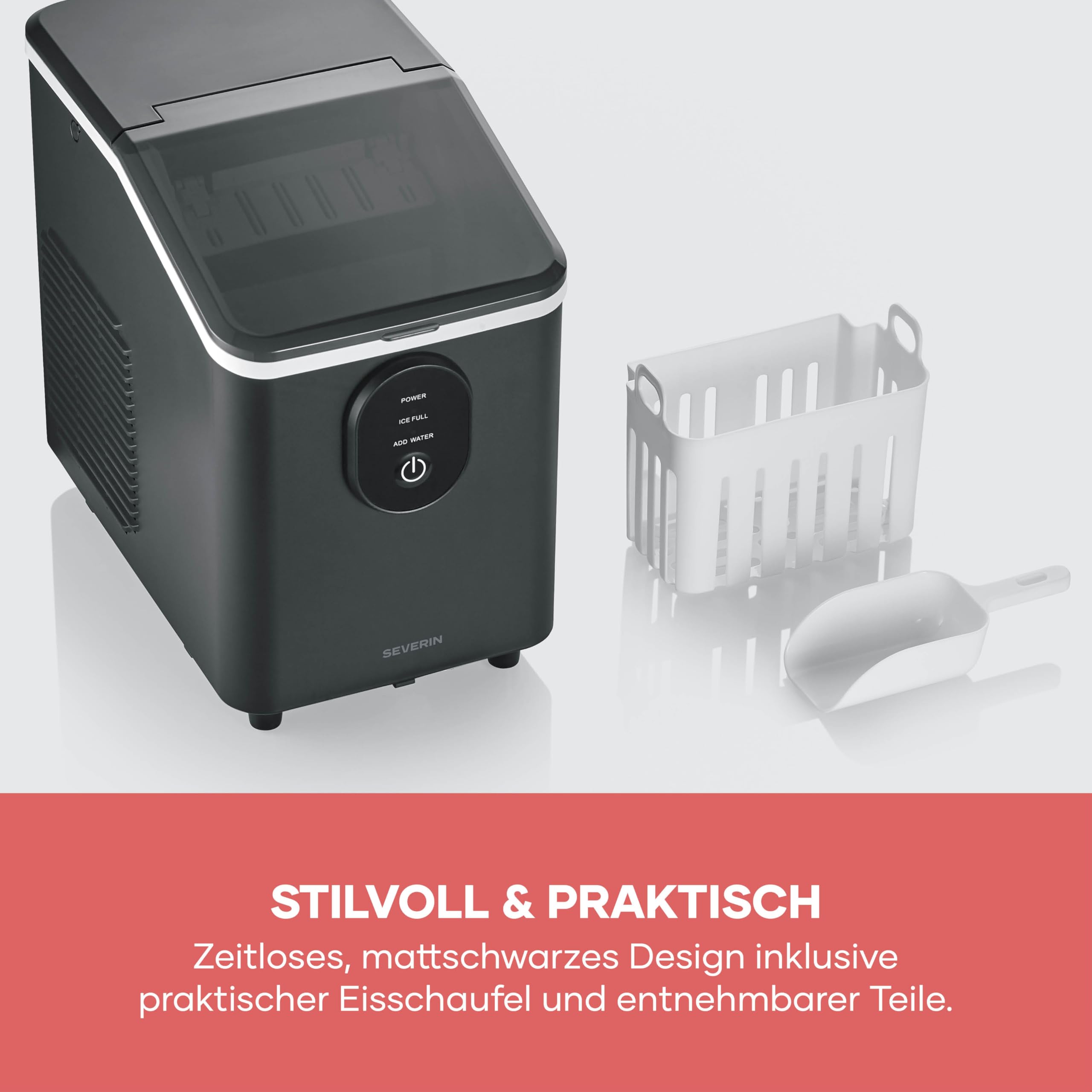 Severin Eiswürfelmaschine, Eiswürfelbereiter, 8 Eiswürfel in nur 8 Min, Kapazität 1,2 L, einfache Bedienung und Reinigung, automatische Abschaltung, kompaktes Design, 120 W, schwarz, EZ 7415