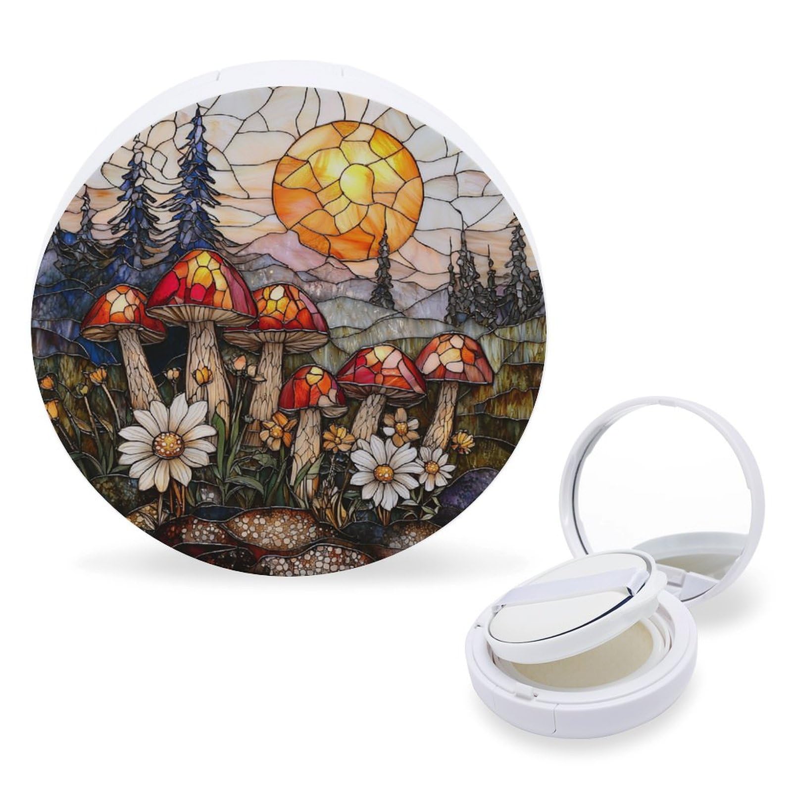 Hayyett Sunset Mushrooms And Flowers Stained Glass Air Cushion Puff Box Portable Cosmetic Makeup Case Container,Loose Powder Foundation Container