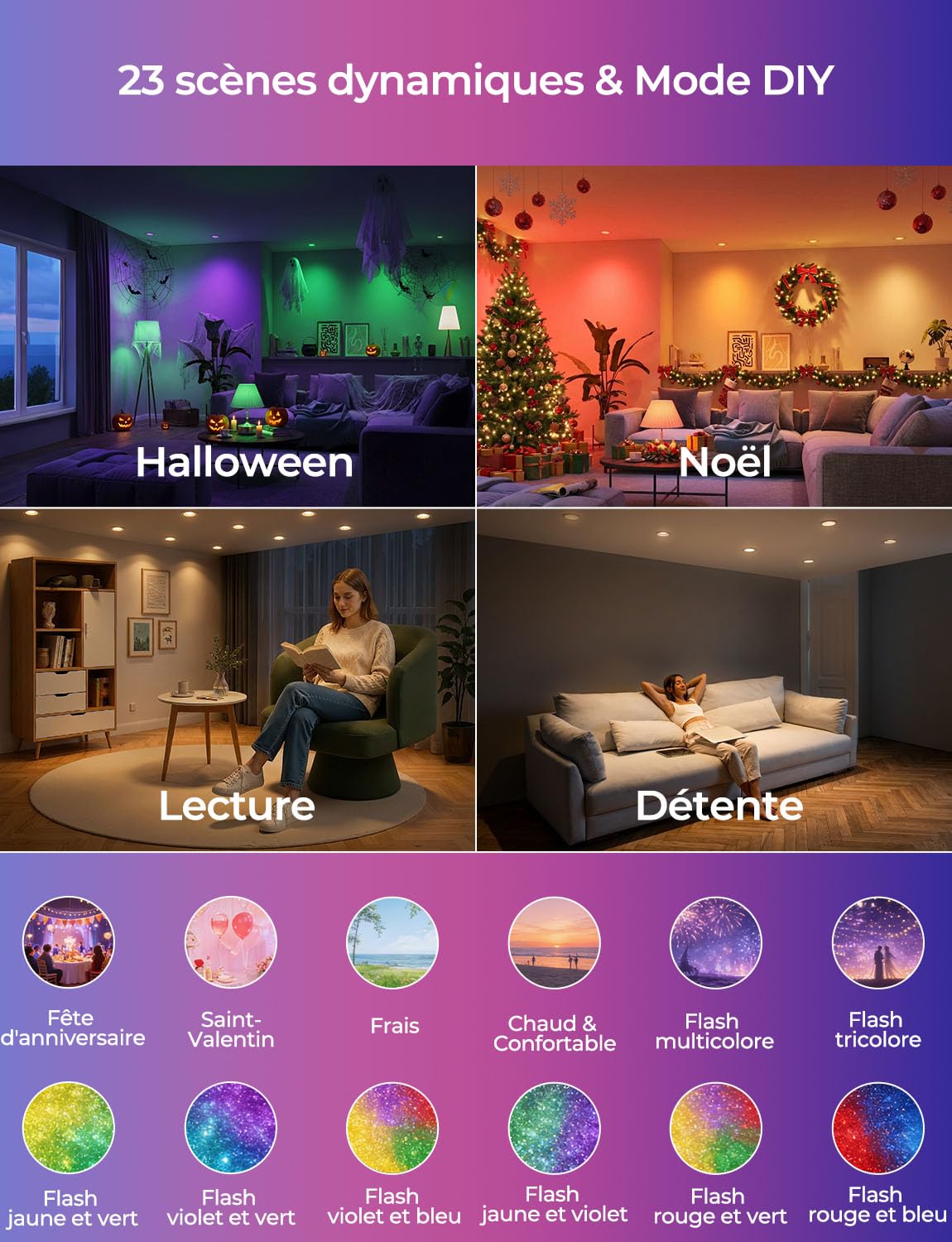 HEKEE Spot LED Encastrable RGB Bluetooth, Ф68-85mm Couleur Spot Encastré Minuterie Via APP，IP44 2700-6000K Spot LED Encastrable (Lot De 6)