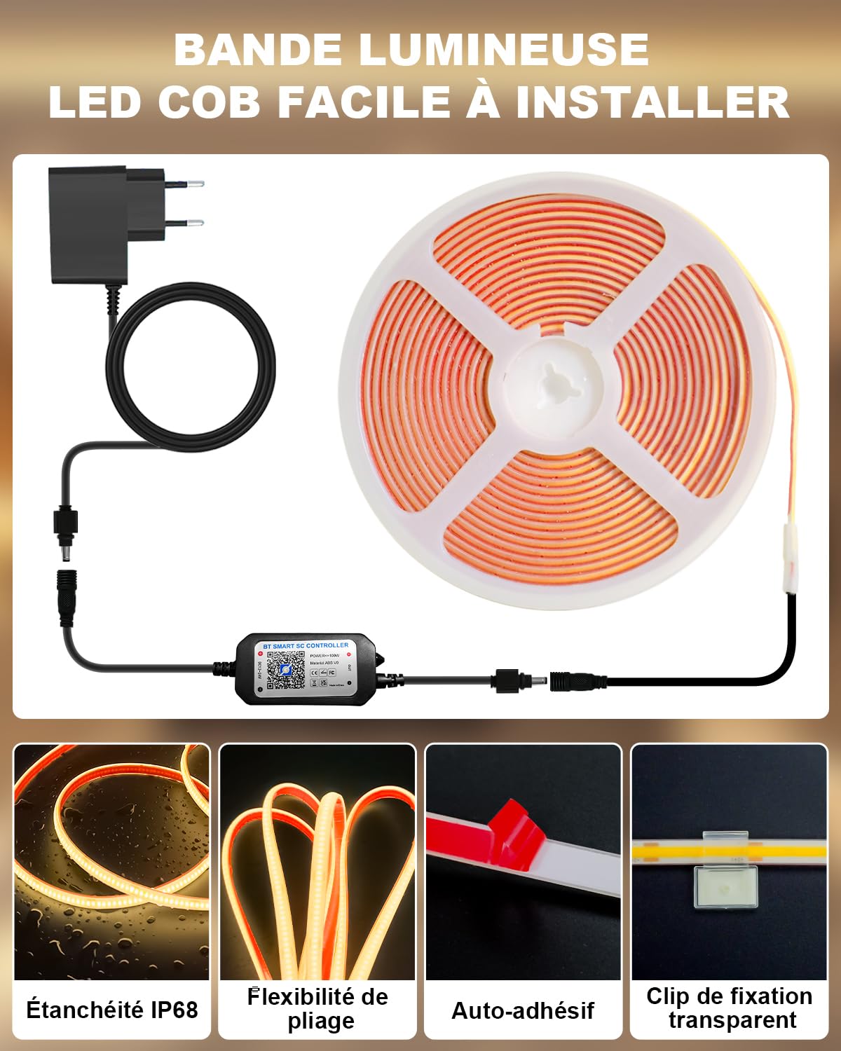 Ruban Led Cob Exterieur IP68 Etanche, Bande LED Blanc Chaud Autocollante 2700K, Alimentation 24V Led Cob Application et Télécommande pour Avant Toit Jardin Terrasse Cuisine Salle de Bain (15M-2700K)