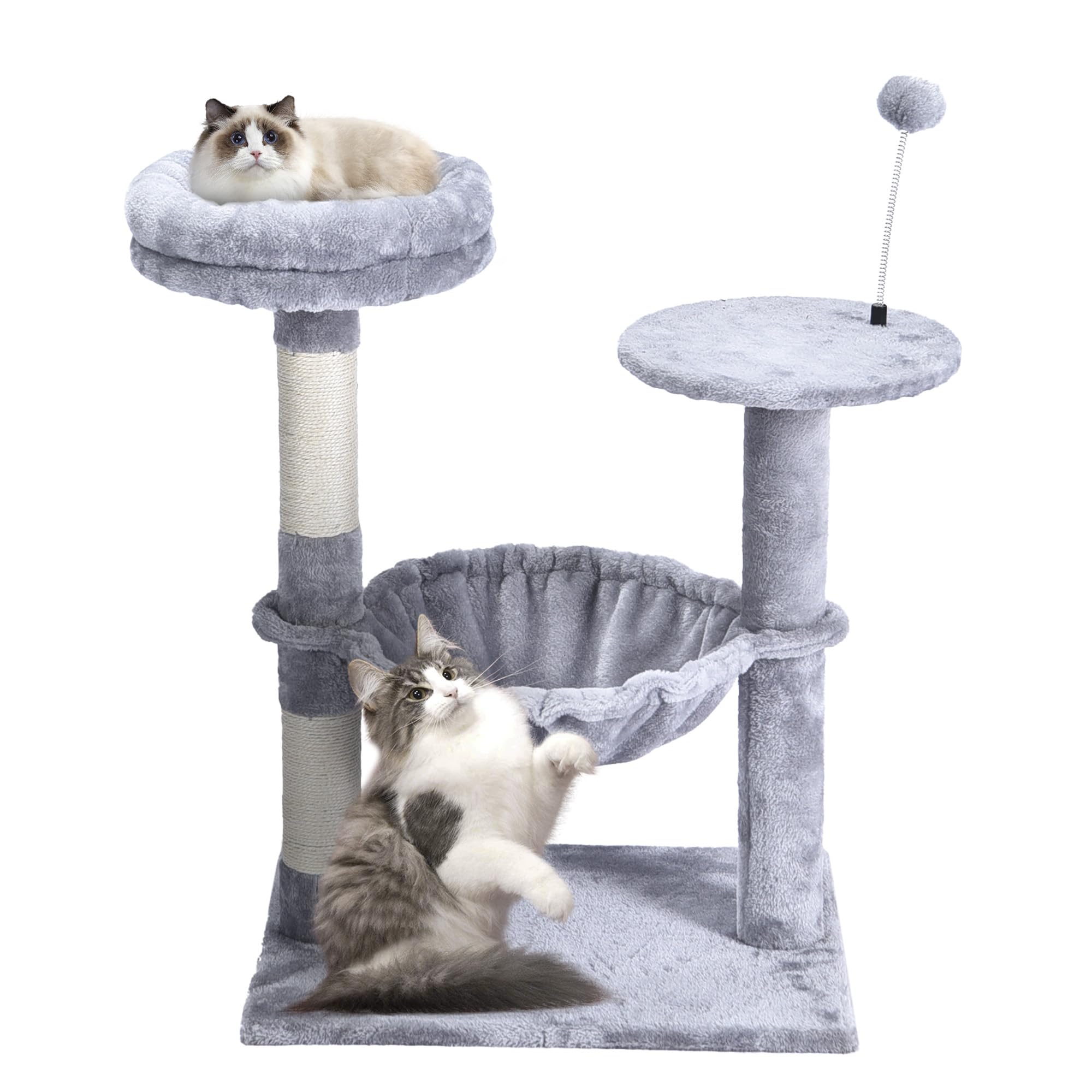 KWOJU Cat Tree for Kittens, Cat Activity Center with Scratching Posts, Removable Top Perch, Plush Cozy Hammock, Ball Toy, Pet Playground for Small Indoor Cats, Light Grey