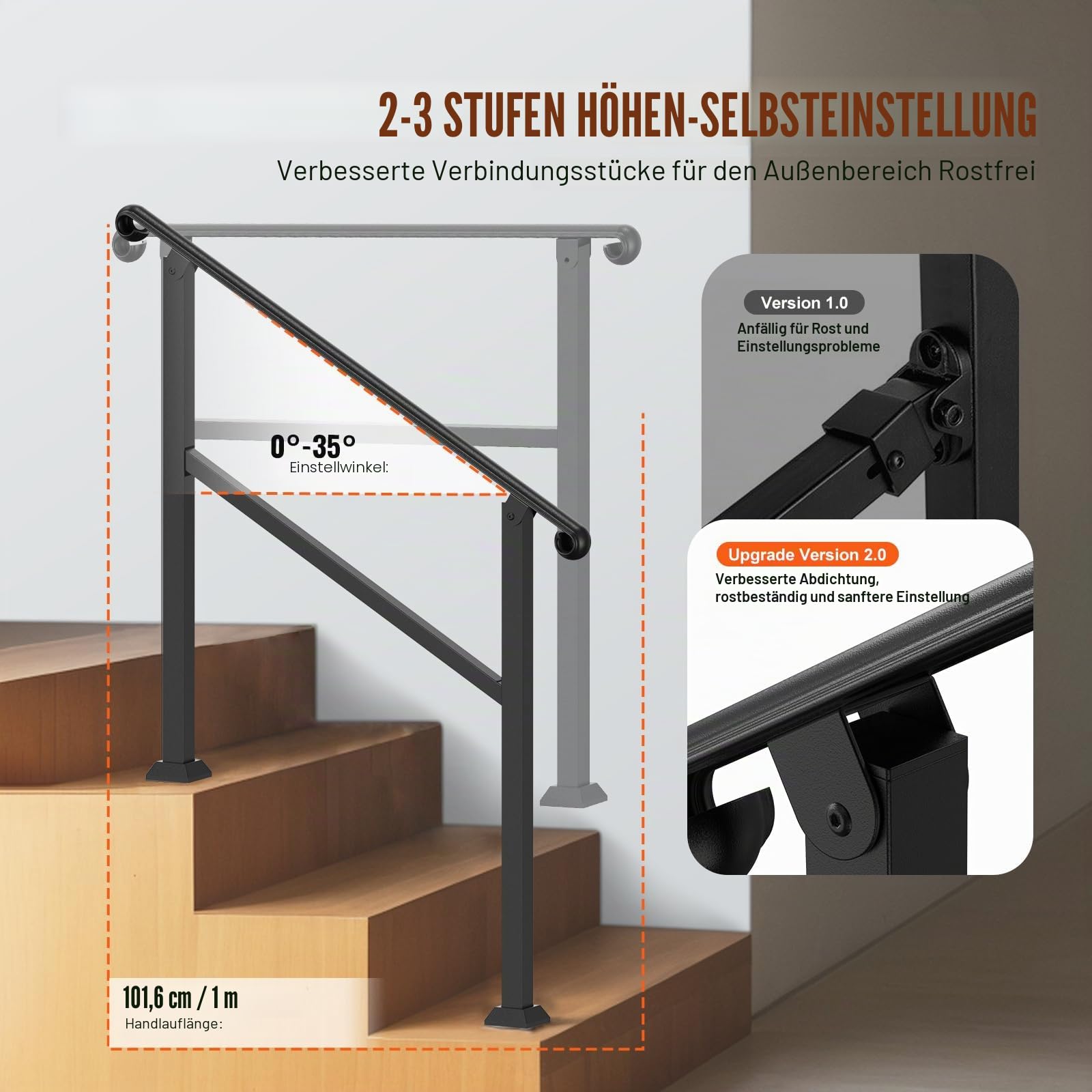VEVOR Handläufe für Außentreppen, 2–3-stufiger Treppenhandlauf und Innengeländer-Set, Geländer für Außentreppen mit Montagesatz, Handläufe für Senioren, Verandageländer und Deckhandlauf, schwarz
