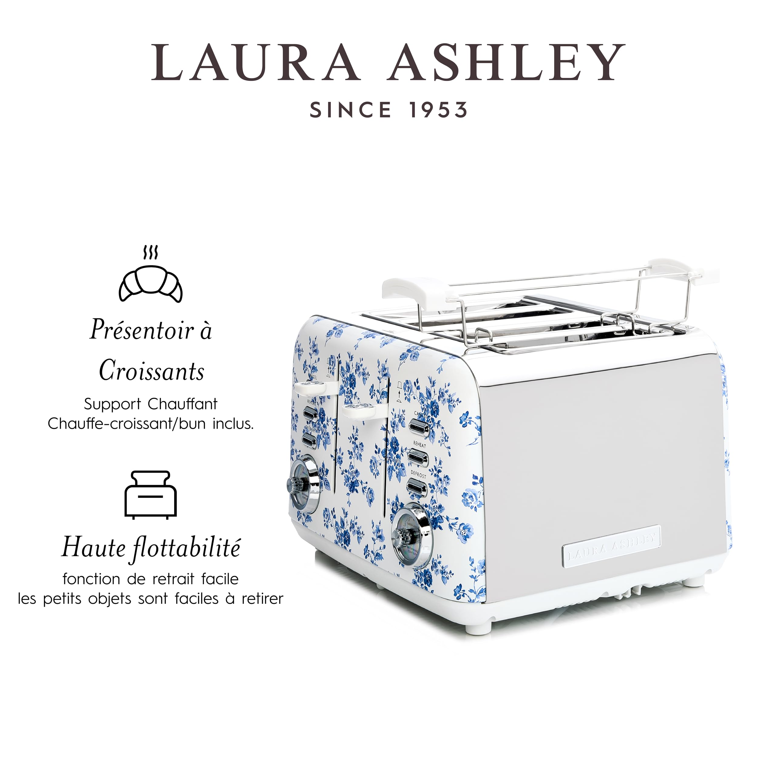 VQ Laura Ashley Grille-Pains 4 Tranches avec Modes de Chauffage, Décongélation et Réchauffage Réglables - Inox Grille Pain Vintage avec un Support de Réchauffage Pour Croissants - China Rose | Avec modes de chauffage, de décongélation et de réchauffement