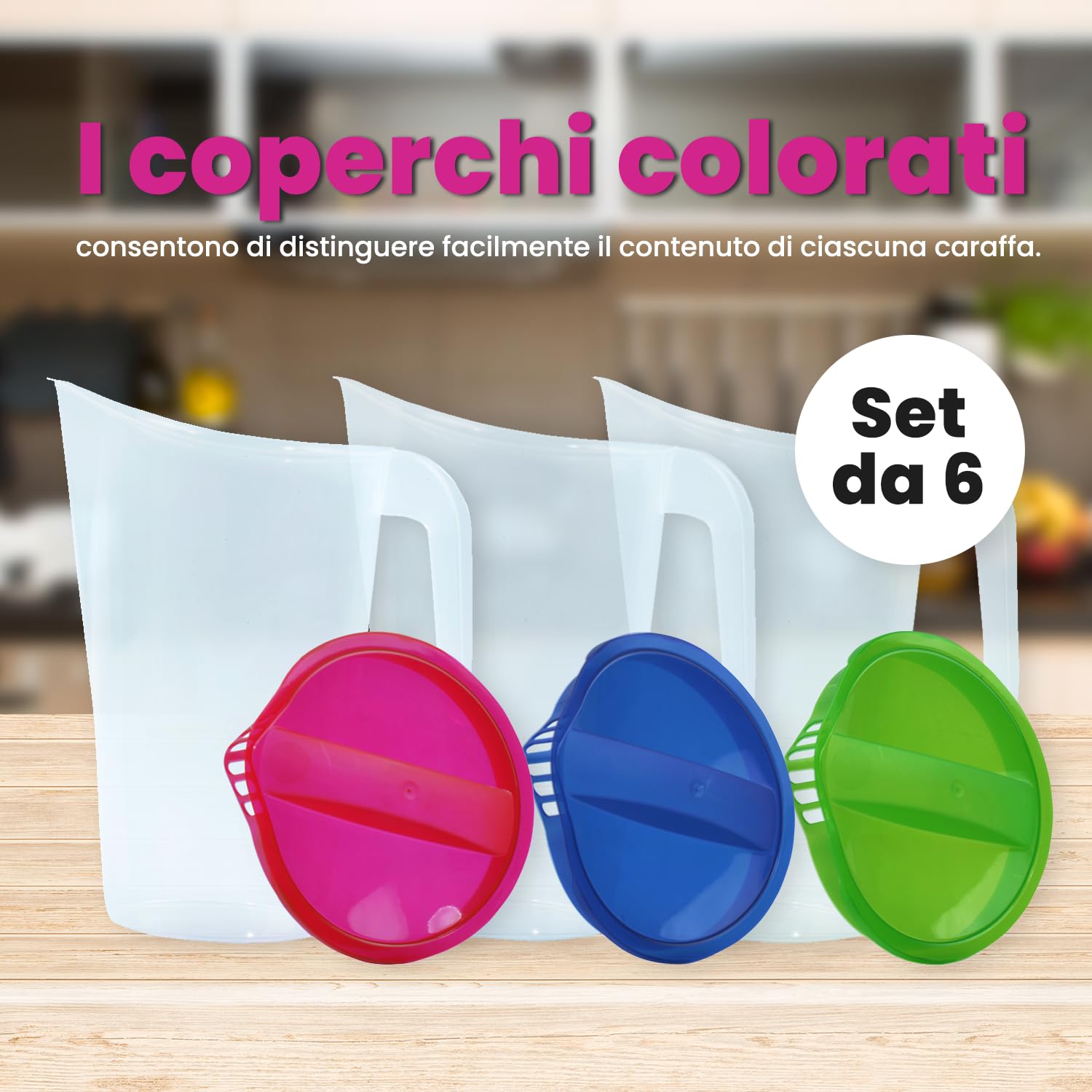 Home Line brocca per succo 1,75 L – Bricco per acqua con coperchio fisso – Bricco per bevande con antigoccia esterno – Caraffa per acqua per frigorifero – Dispenser di succo. 6er Set (Blau, Grün, Rot)