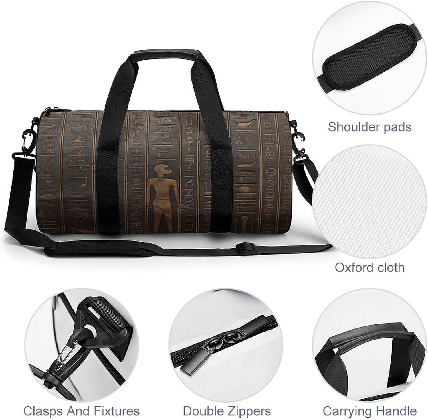 Ancient Egyptian Hieroglyph Gym Bag Hand-held Fitness Bags Cylindrical Fitness Bag with Shoe Large Compartment Duffle Bags for Travel Sports Unisex image 5