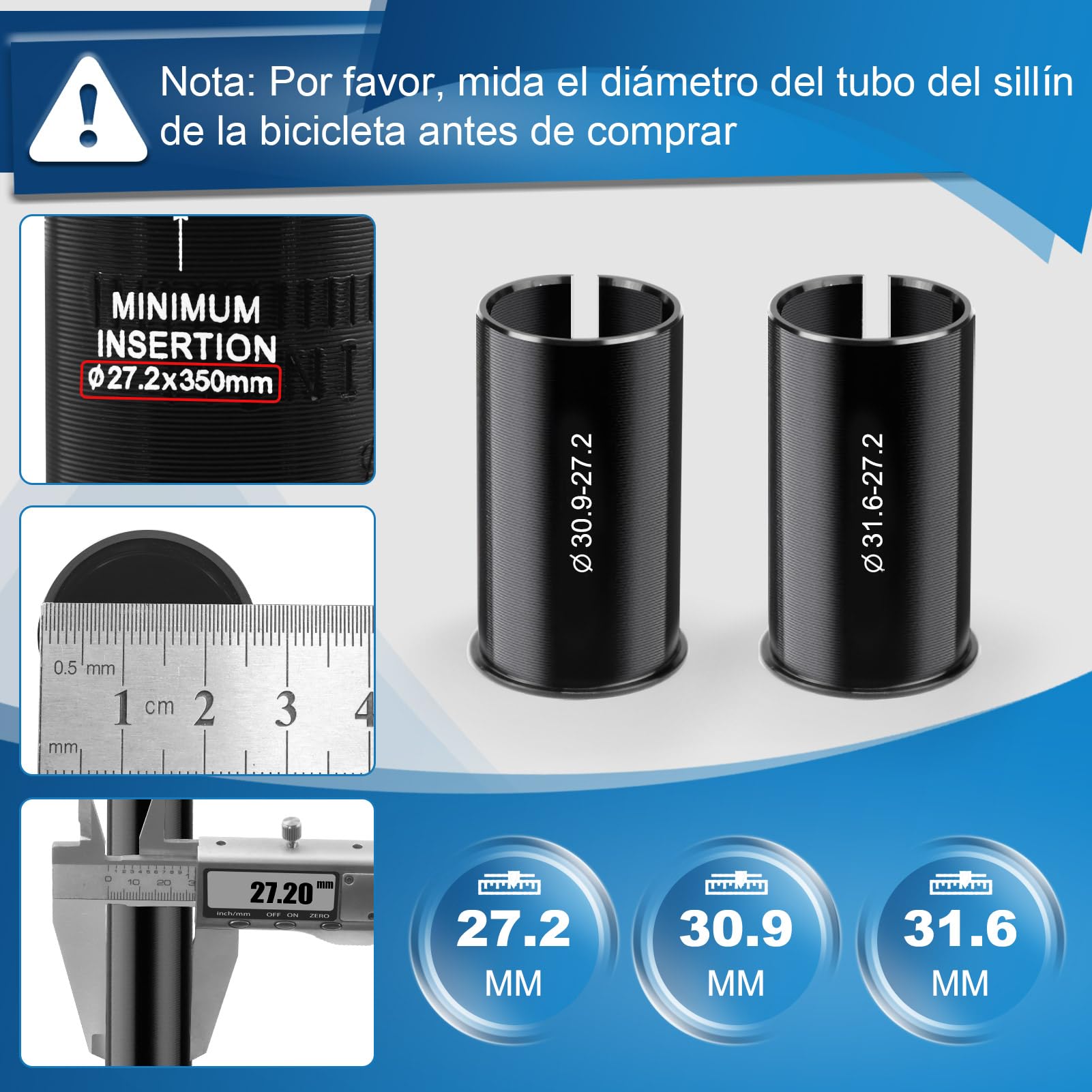 MAIKEHIGH Tija de Sillín de Bicicleta, Aluminio Tija de Sillín | 27,2/30,9/31,6mm con 2 Adaptadores 2 Resortes para MTB, Bicicleta de Ciudad, Bicicleta de Carretera, Bicicleta Eléctrica
