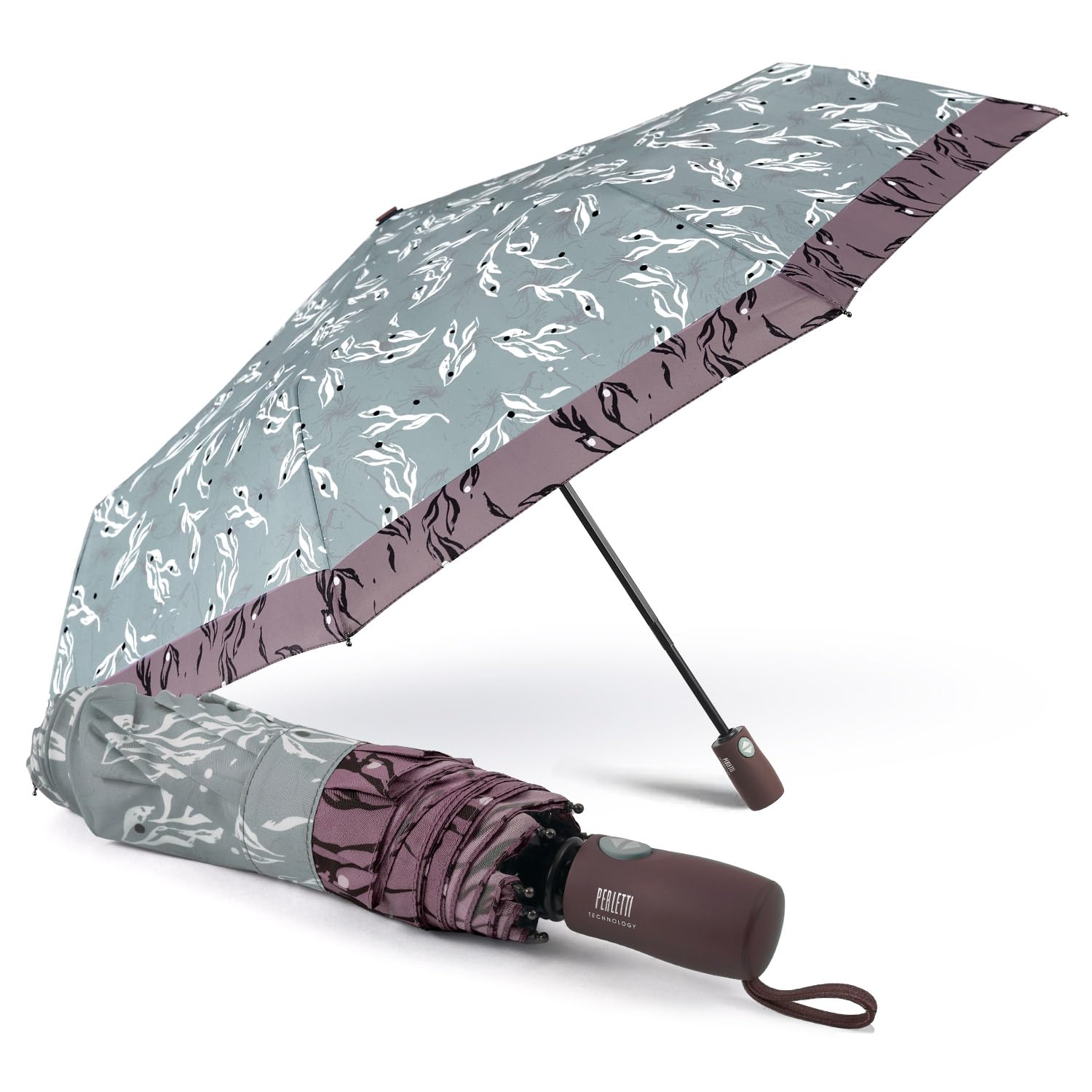 Ombrello Pieghevole Perletti Antivento - Apertura Automatica, Diametro 98 Cm | Grigio Bordo Azzurro, Compatto Da Borsa - Foto 9