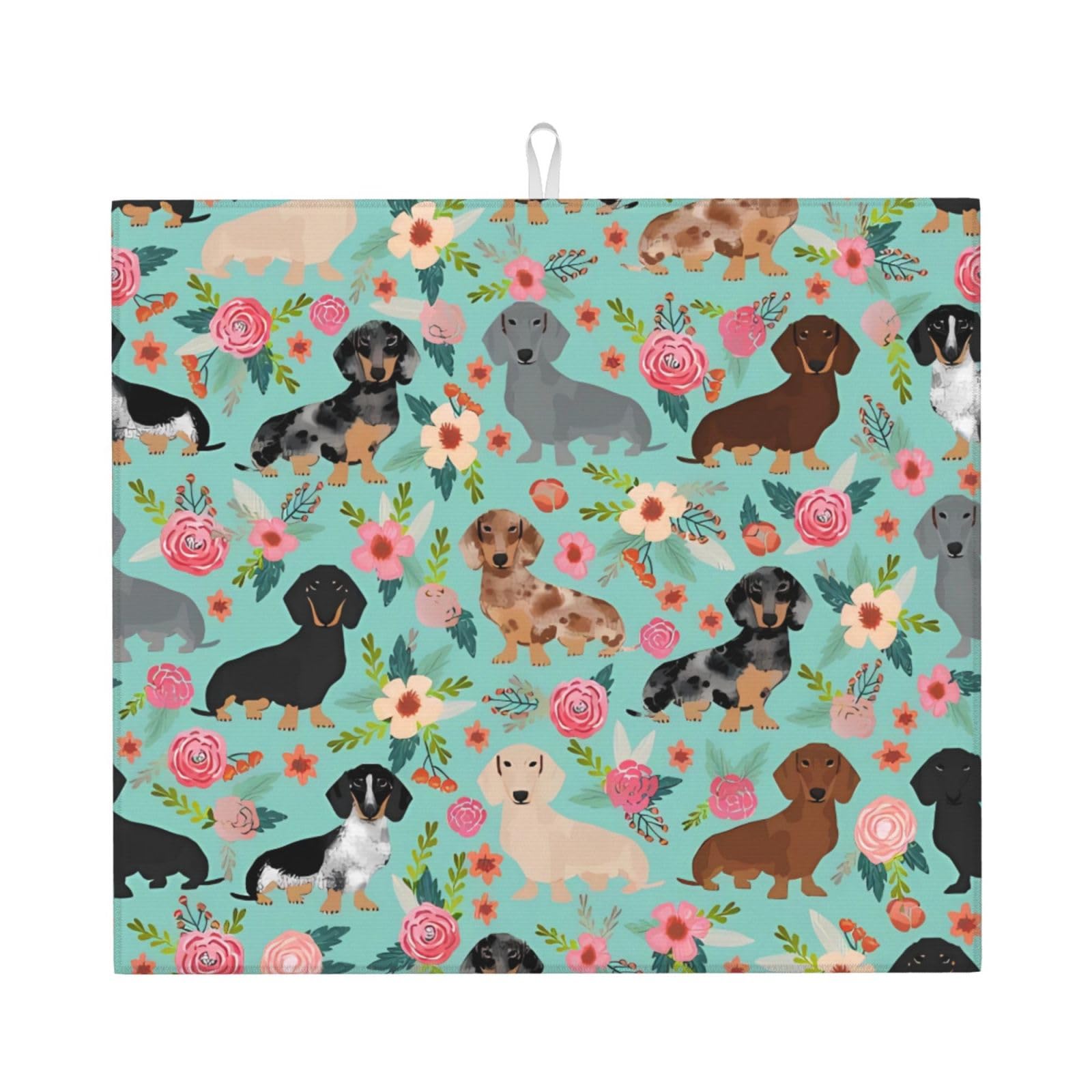 YYHWHJDE dachshund Prints Kitchen Drying Mat – Absorbent Microfiber Throw for Dishes, Non-Slip Counter Layer with Vibrant Fade-Resistant Print, Ideal for Appliance Protection