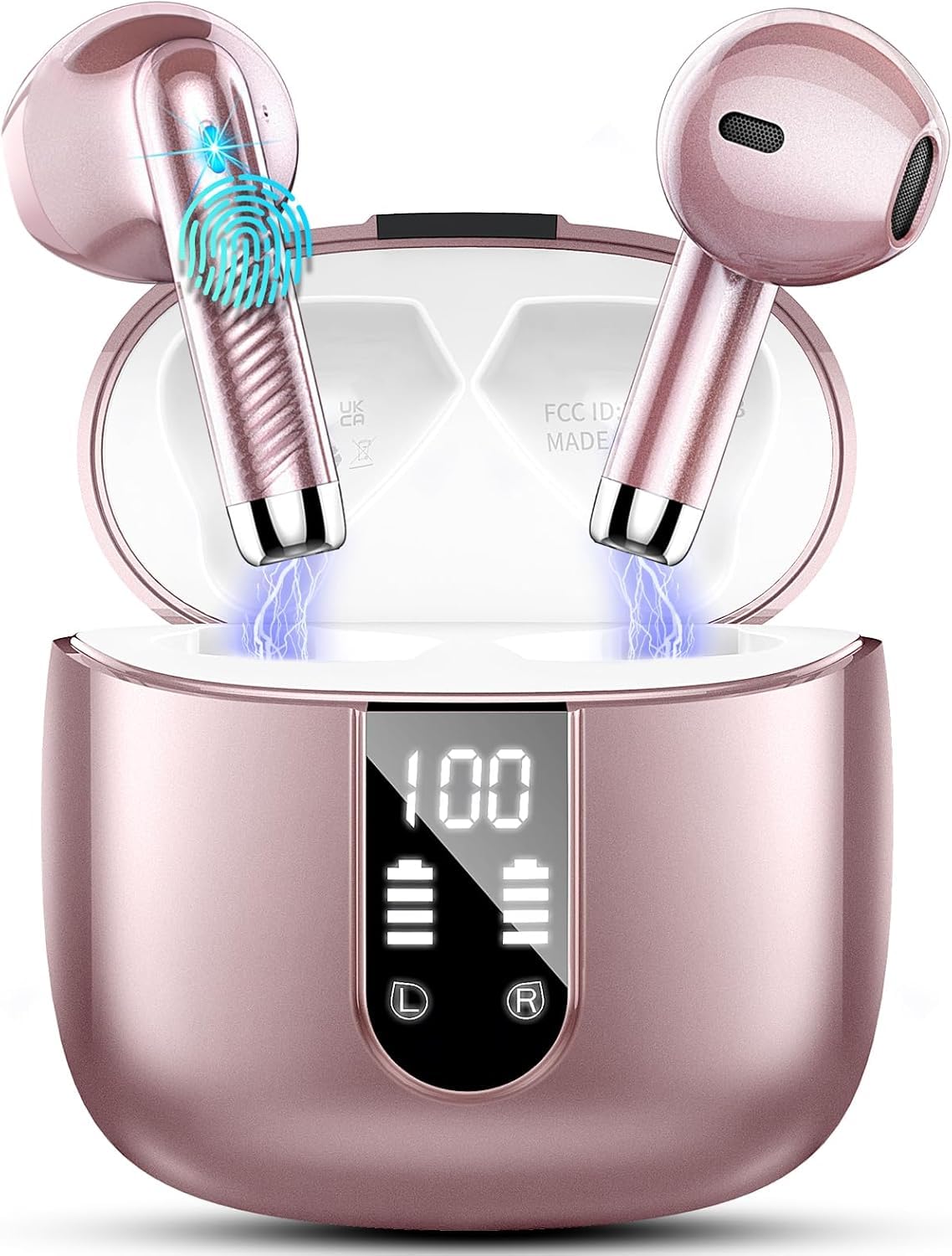 Wireless Earbuds, Bluetooth Headphones 5.3 Hi-Fi Stereo, 40H Wireless Earphones with ENC Noise Cancelling Mic, IP7 Waterproof in Ear Earphones, LED Digital Display Ear Buds, Touch Control, Rose Gold