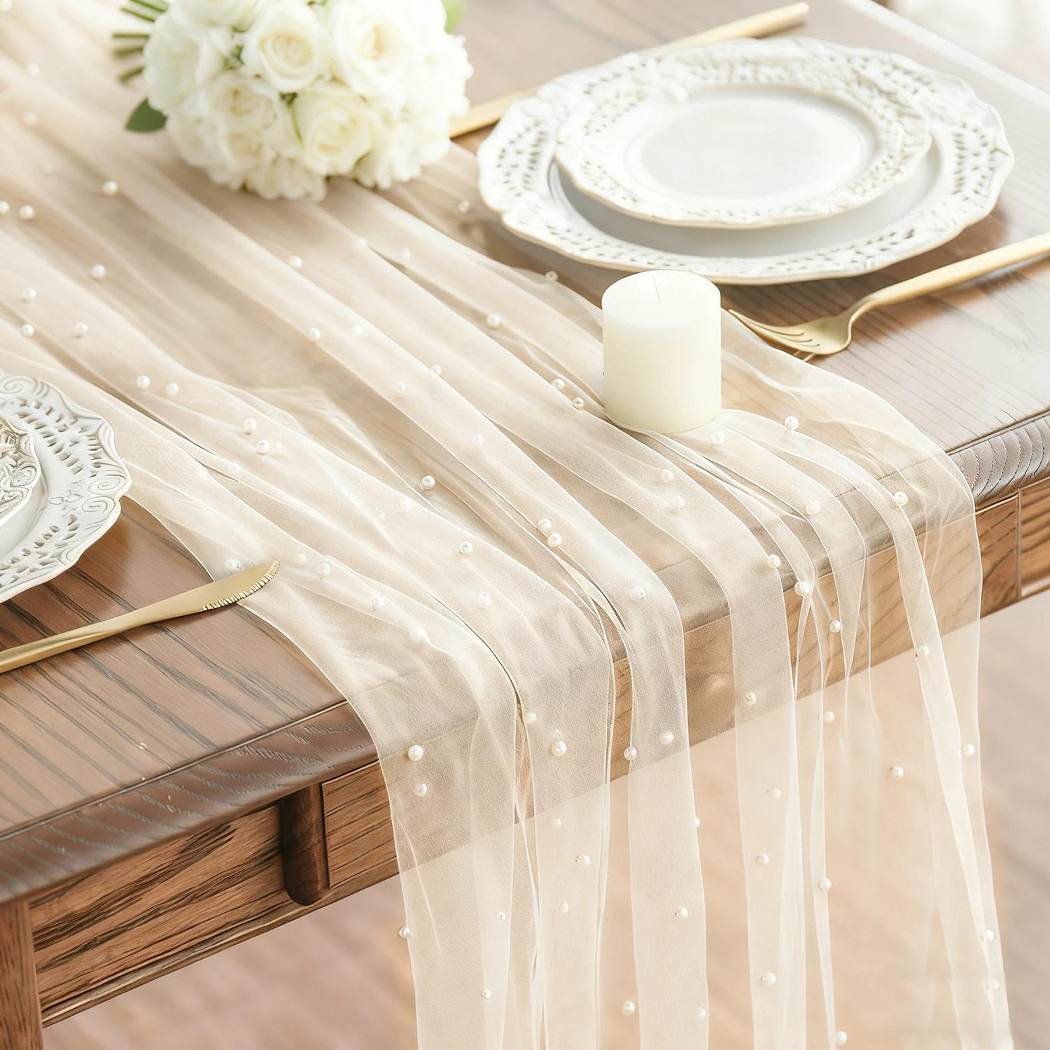 KNUIUYY Table Runner Beige 70x300cm Wedding Table Decoration with Pearl and Tulle, Cheesecloth Tables Runners Lace Tablecloth Sheer Pearl Gauze for Bridal Showers and Romantic Dinners