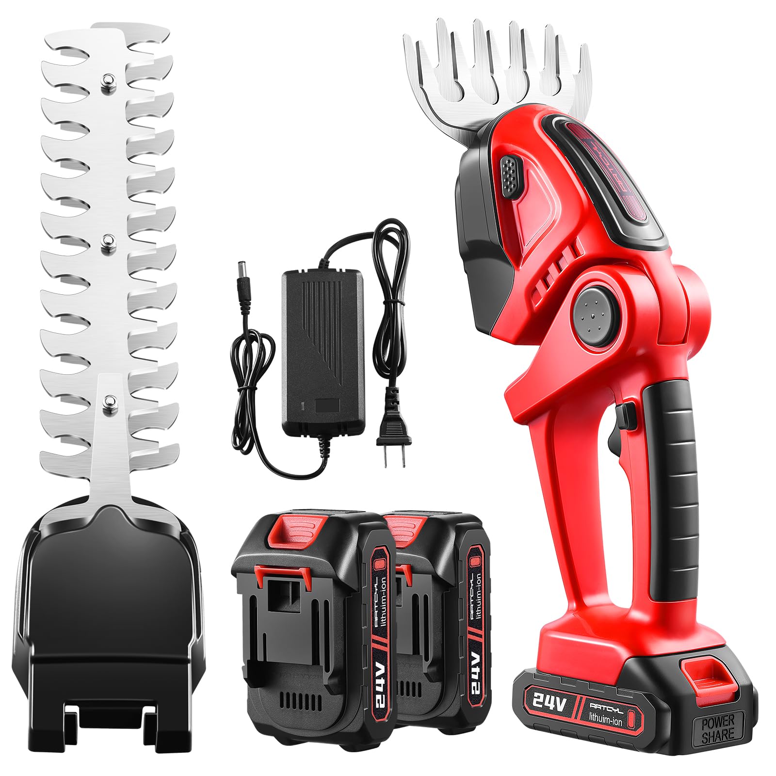 Cordless Hedge Trimmer-24V Electric Shrub Trimmer Grass Shears Handheld Grass Cutter, Hedge Shear with 2 PCS Rechargeable Battery and Charger for Garden, Lawn