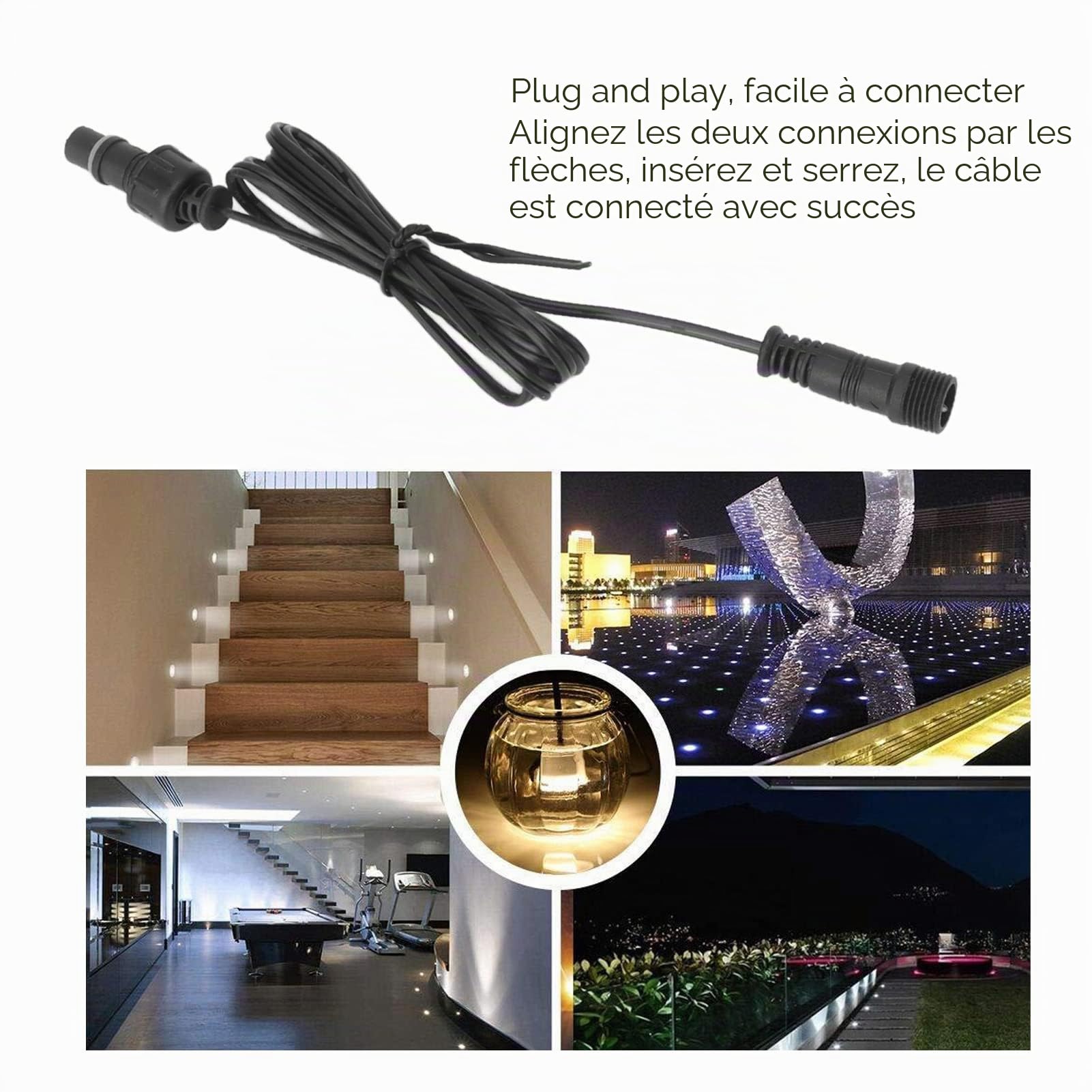 Paquet de 5 Rallonges pour éclairage de Terrasse à 2 Broches avec Connecteur Mâle et Femelle, 1 M/3,3 Pieds, étanche IP67, Facile à Utiliser, PVC Ignifuge, pour éclairage de Jardin