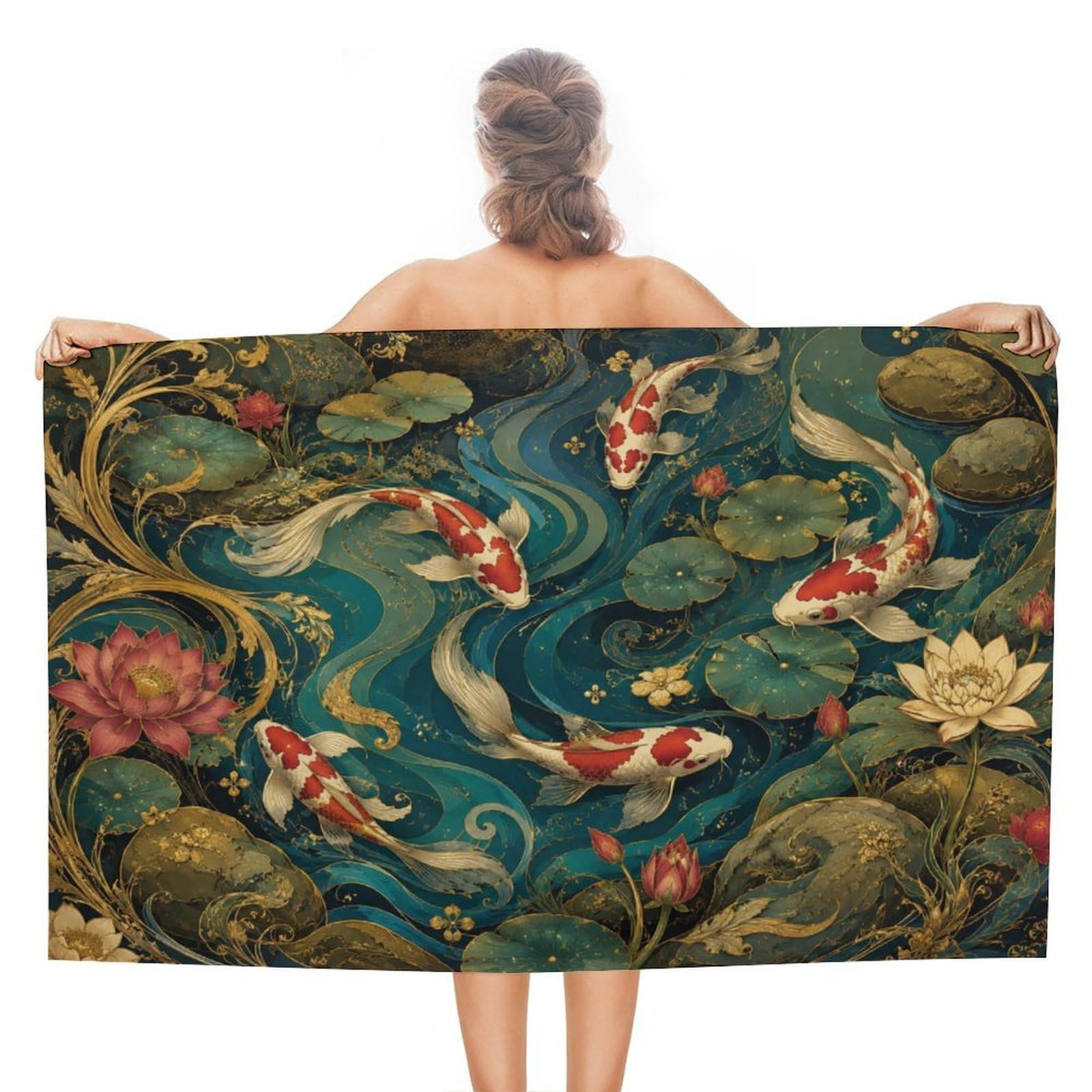 Anceky Koi Fish Pond Lotus Flowers Oversized Beach Towel Quick Dry Sand Free Microfiber Travel Towel Lightweight Multi Purpose Beach Blanket Pool Gym Bath Towel 51x31 in
