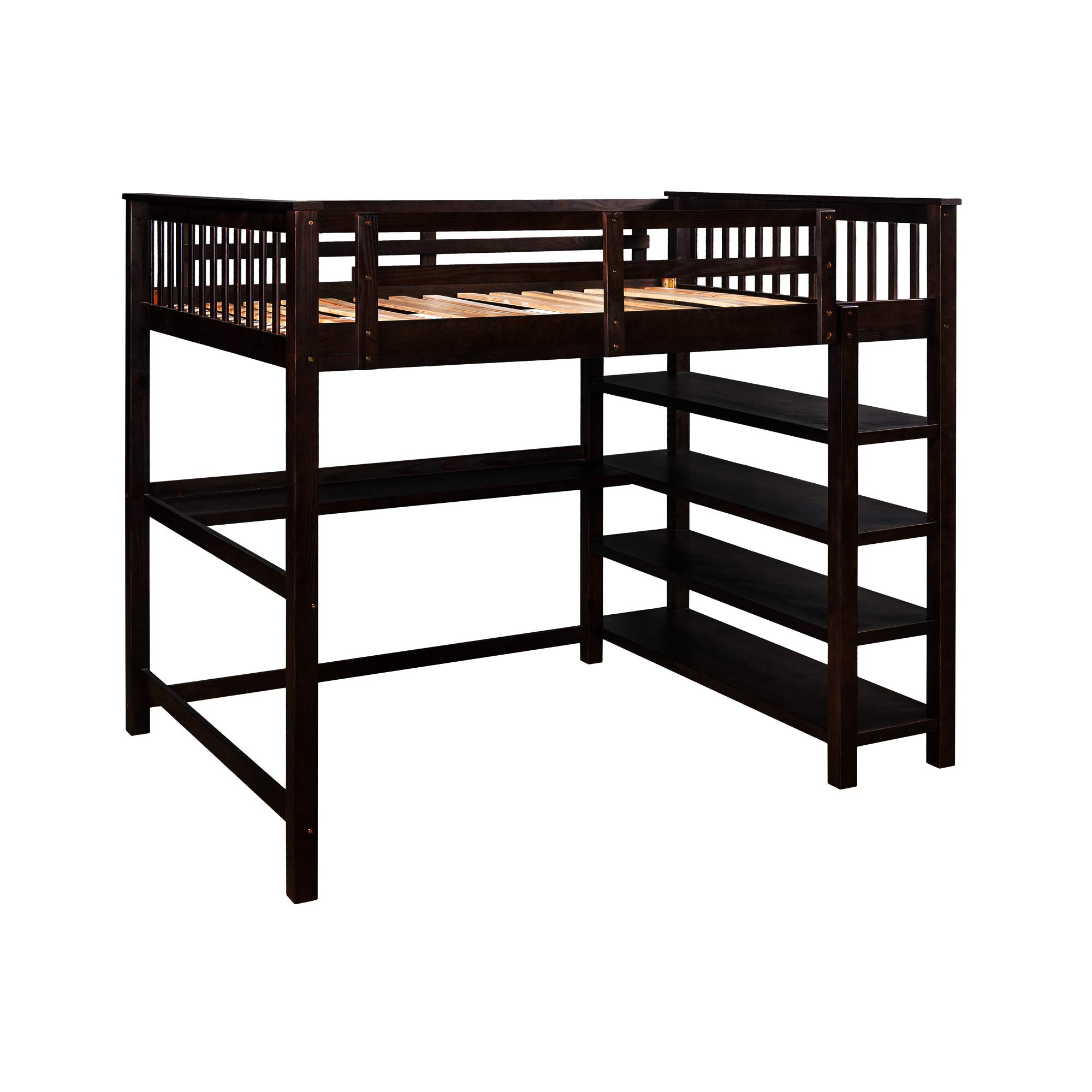 KLMM Loft Bed, Wooden Loft Bed Frame with Storage Shelves and UnderBed