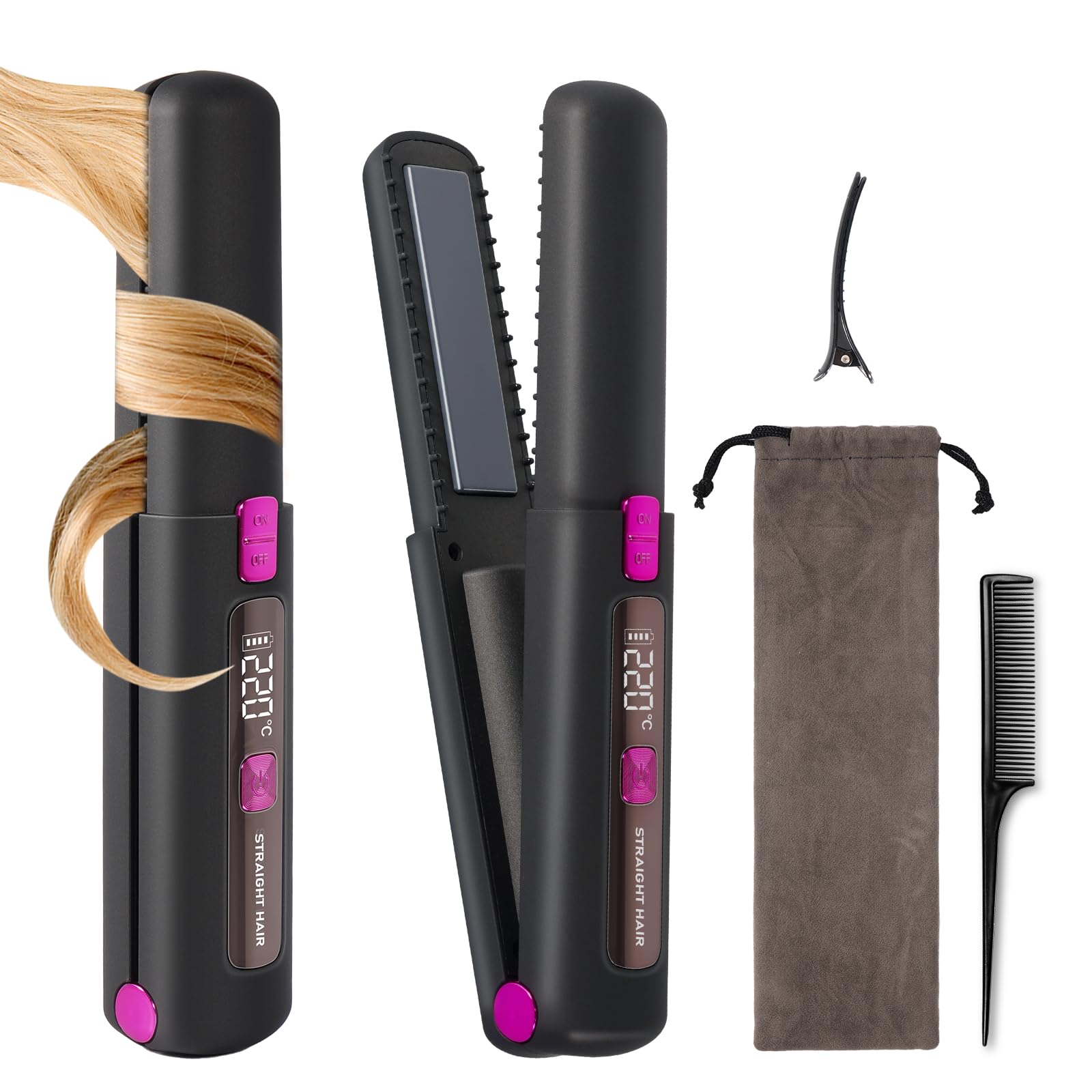 Cordless Hair Straightener, 2 in 1 Ceramic Flat Iron and Curler with Hairpin, 6 Levels of Temperature Adjustment, 4500mAh Battery, Type-C Charging, Portable Hair Straightener for Travel (Black)